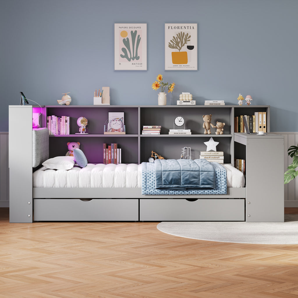 3ft Single L-Shape Daybed with Storage Drawers and Bookcase Storage, LED Linen Concealed Headboard Storage with Charging Station, Wood Bed for Living Room/ Bedroom/ Study Room, Grey (No Mattress)