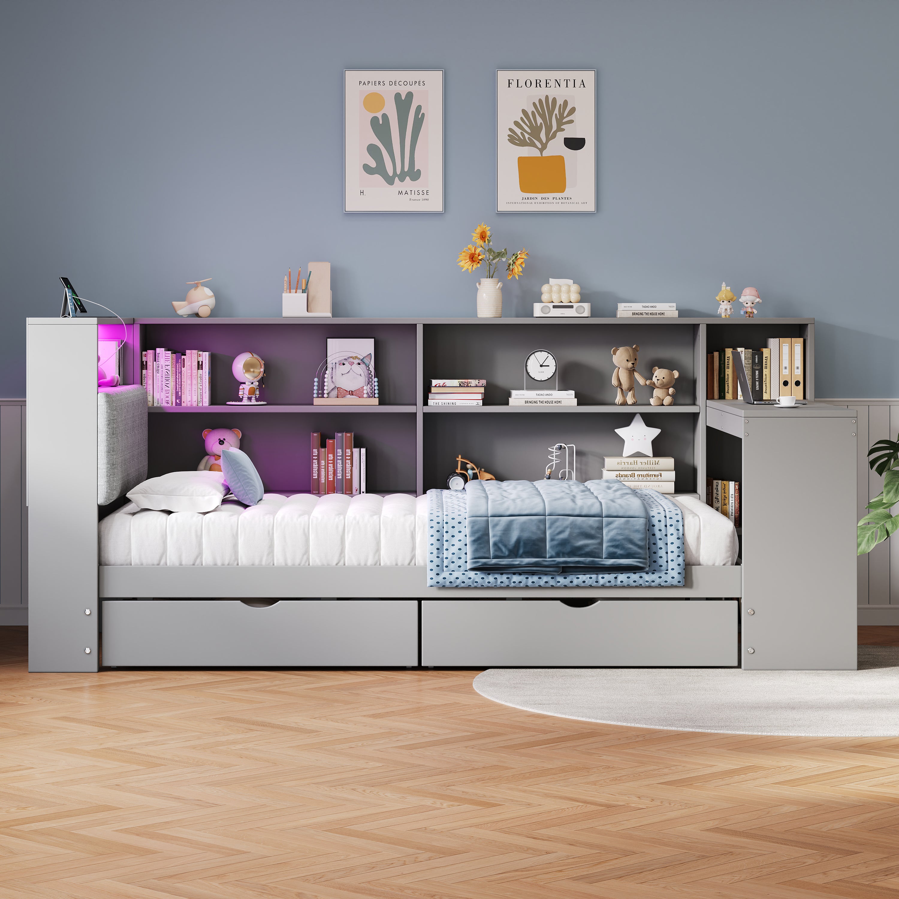 3ft Single L-Shape Daybed with Storage Drawers and Bookcase Storage, LED Linen Concealed Headboard Storage with Charging Station, Wood Bed for Living Room/ Bedroom/ Study Room, Grey (No Mattress)