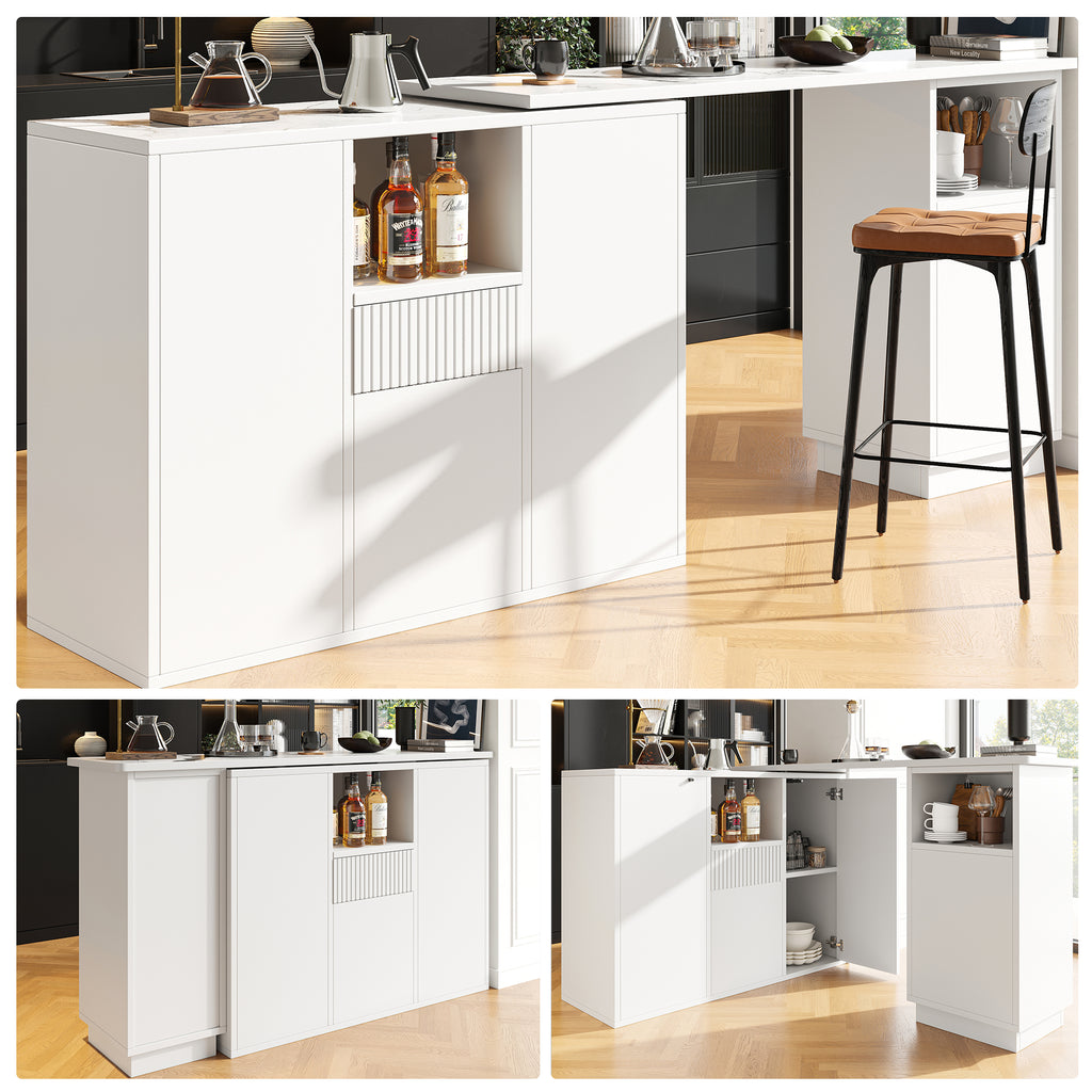 360° swivelling bar table (main body 198.5 x 30 x 75 cm), modern and sleek design, with open storage space and marble worktop, suitable for kitchen, living room and dining room, white