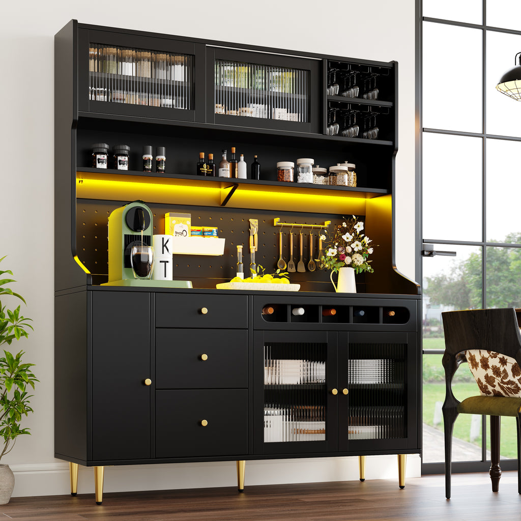 Highboard with Adjustable Shelves & LED Lights, Freestanding Storage Unit for Living Room Kitchen Dining, Tall cabinet with wine rack, Dimensions 145x39x171cm, Black