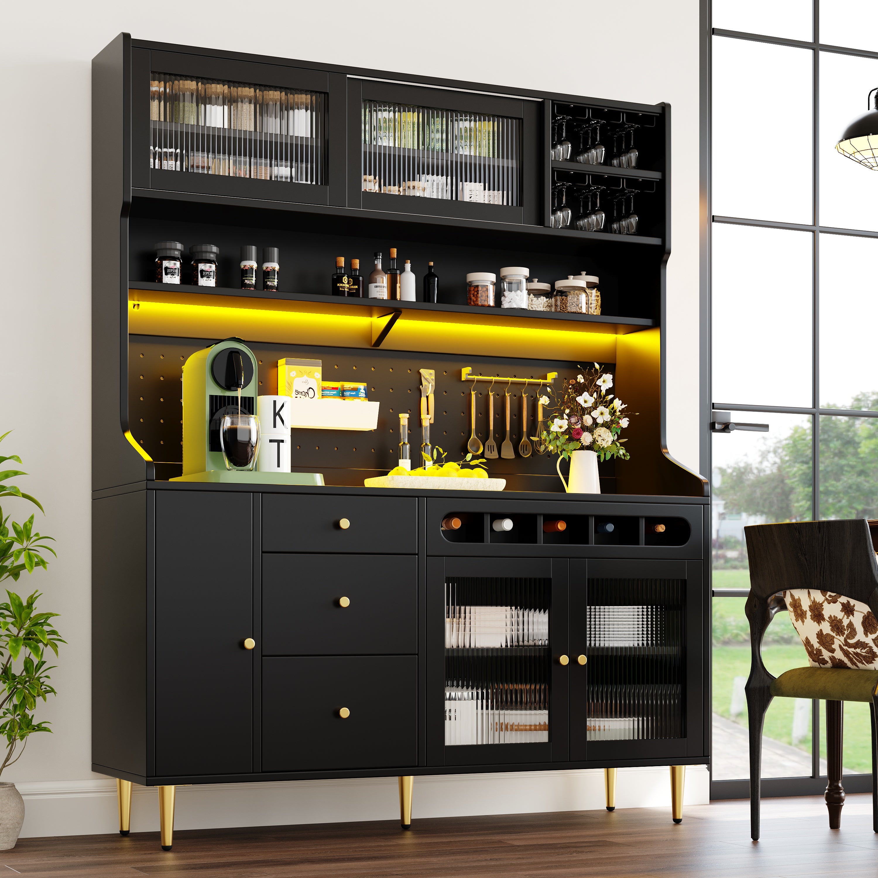 Highboard with Adjustable Shelves & LED Lights, Freestanding Storage Unit for Living Room Kitchen Dining, Tall cabinet with wine rack, Dimensions 145x39x171cm, Black