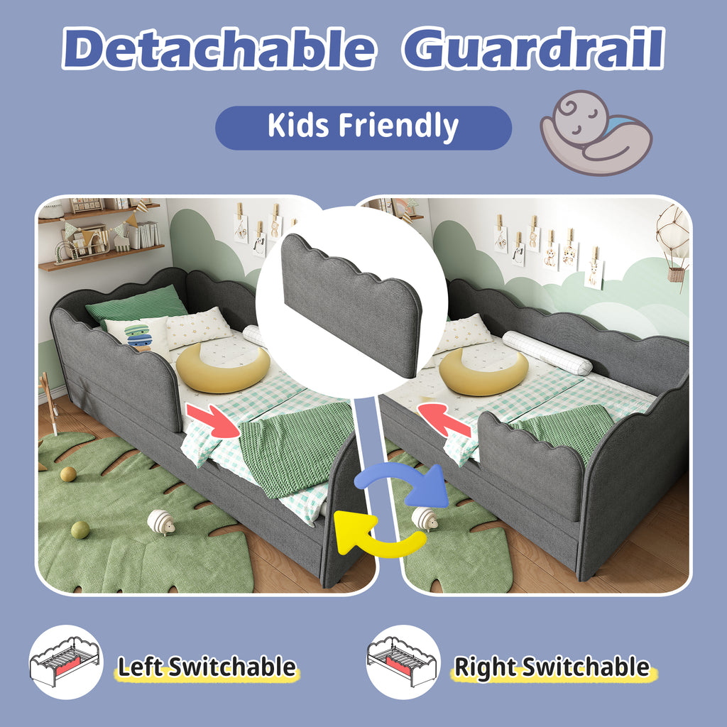 Upholstered Bed Daybed 90 x 190 cm, 3FT Single Bed with Pull out Trundle, Sofa Bed For Adults and Children, Single Daybed With Slatted Frame, Linen, Grey (No Mattress)