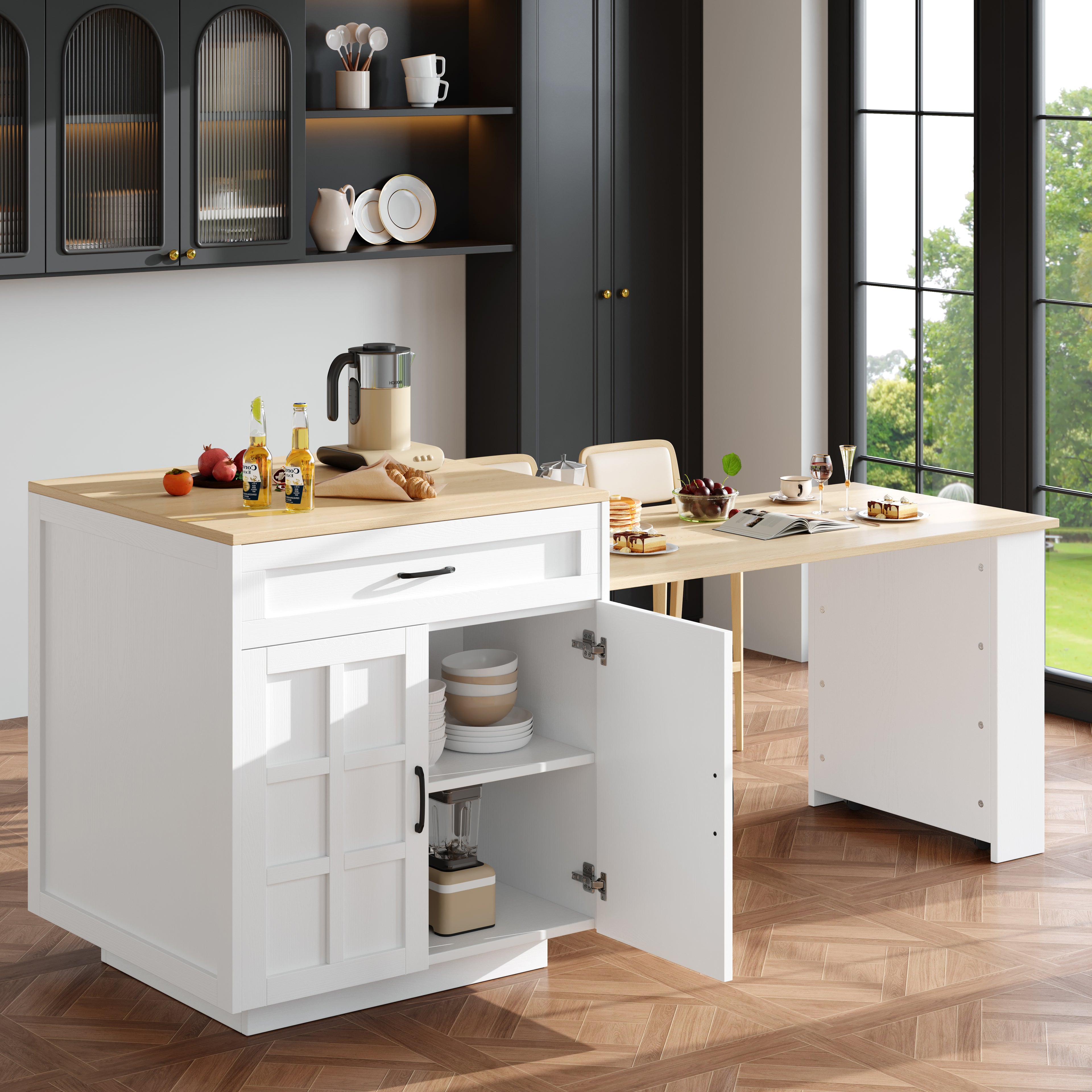 Extendable Bar Table with Storage (133–202 × 70 × 93.5 cm), with Two Drawers and Four Compartments, Expandable Kitchen Island Table for 2–6 People, Kitchen Dining Cart with Side Shelves, White.