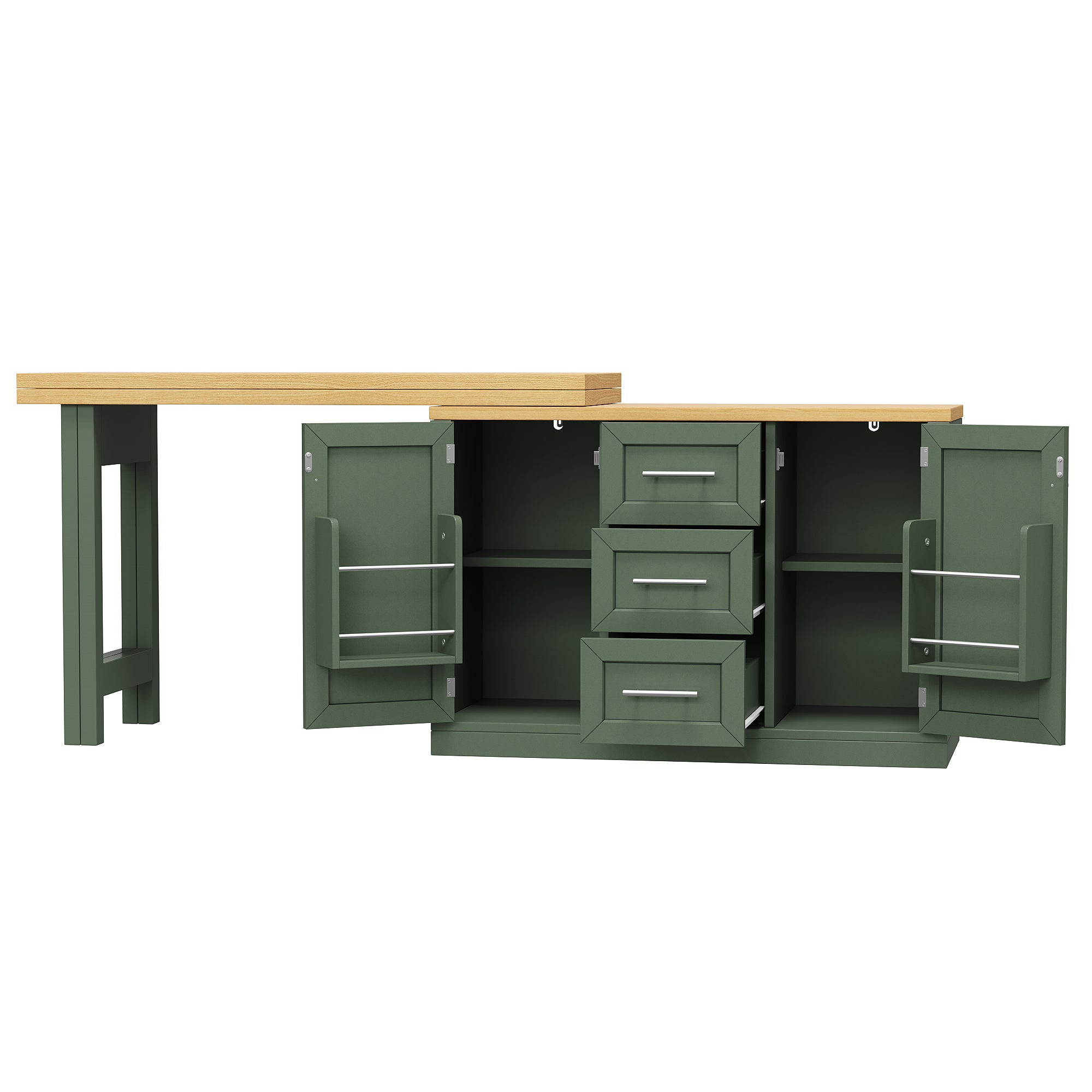 Extendable Sideboard & Table Combo, 120-180cm Adjustable Dining Table with Storage, 3 Drawers & Snack racks, Space-Saving kitchen island for Small Flats, White/Antique Green