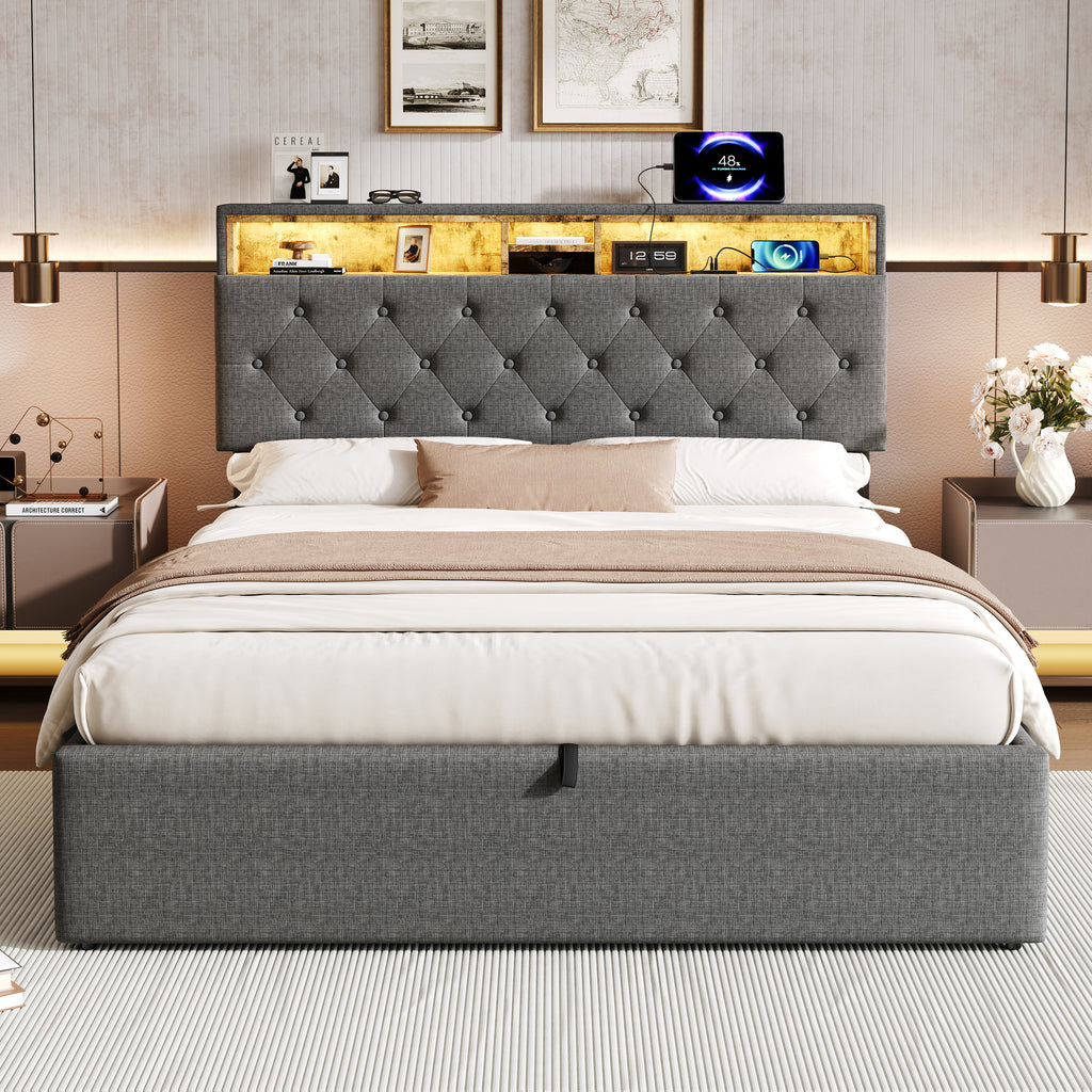 5ft King Upholstered Hydraulic Bed with Concealed Headboard Storage, Button Tufted Headboard with RGB LED Lighting and Charging Station, USB and Type - C Ports, Linen, Grey (No Mattress)