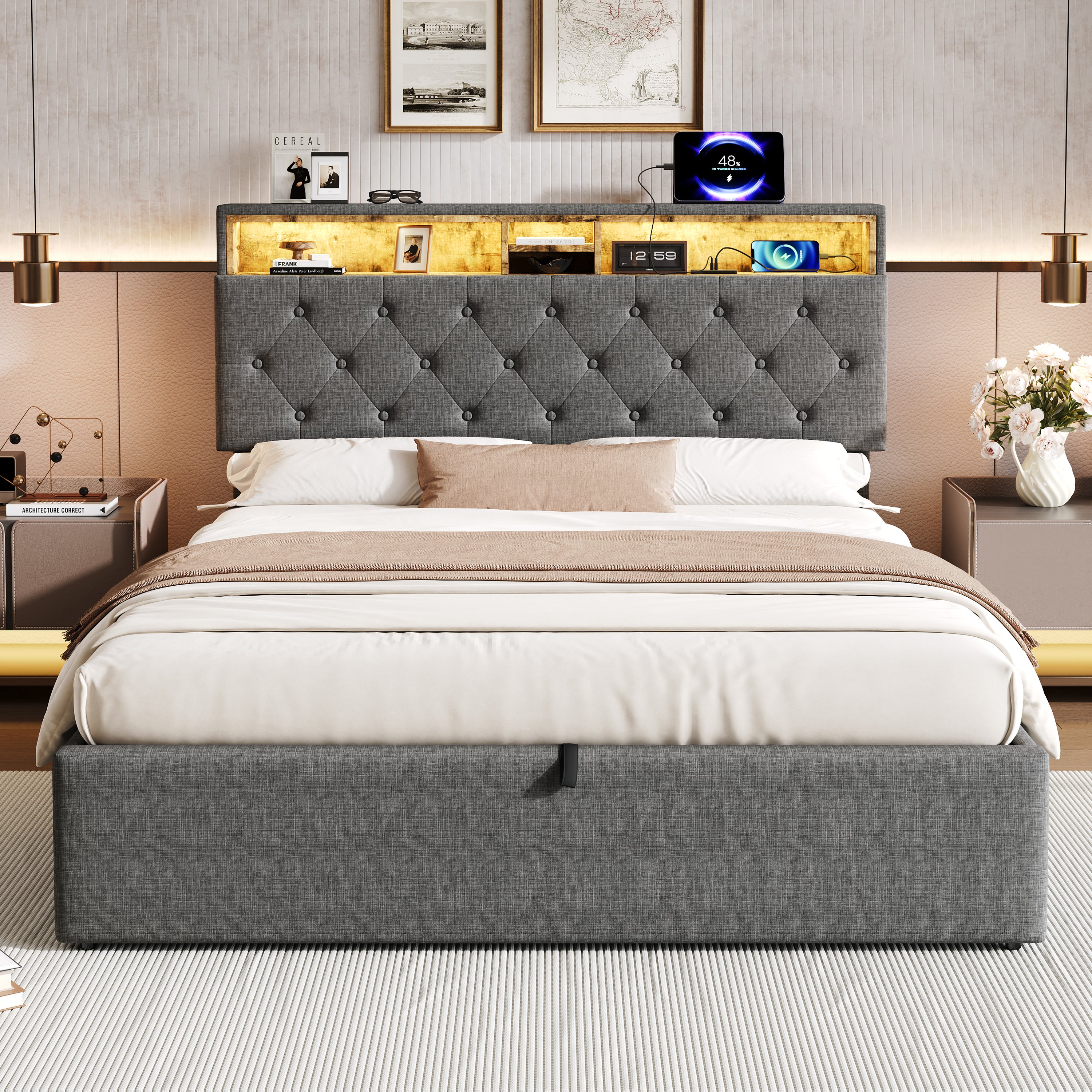 5ft King Upholstered Hydraulic Bed with Concealed Headboard Storage, Button Tufted Headboard with RGB LED Lighting and Charging Station, USB and Type - C Ports, Linen, Grey (No Mattress)