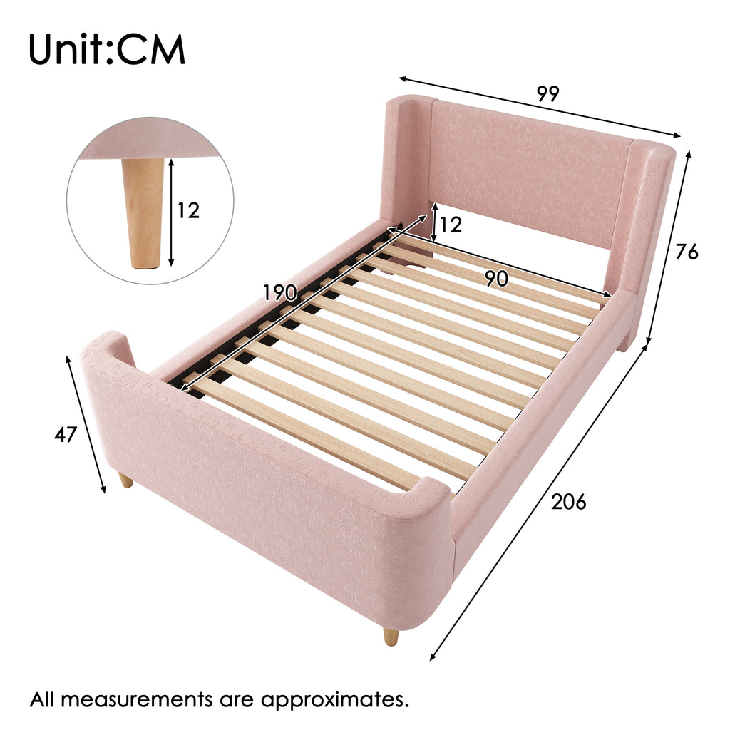 3FT Upholstered Bed, 90 x 190 cm Single Bed with Cosmic Pattern, Sleigh-style Teen Bed, Bed Frame for Boys and Girls, Pink, Velvet (Without Mattress)