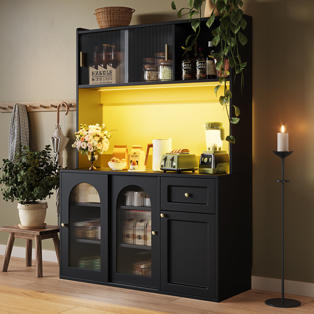 Kitchen Cabinet(120*35*167cm), Tall Cabinet, Display Cabinet, Buffet Cabinet with Adjustable Shelves, Dining Room Cabinet, Sideboard with LED Lighting, White/Black