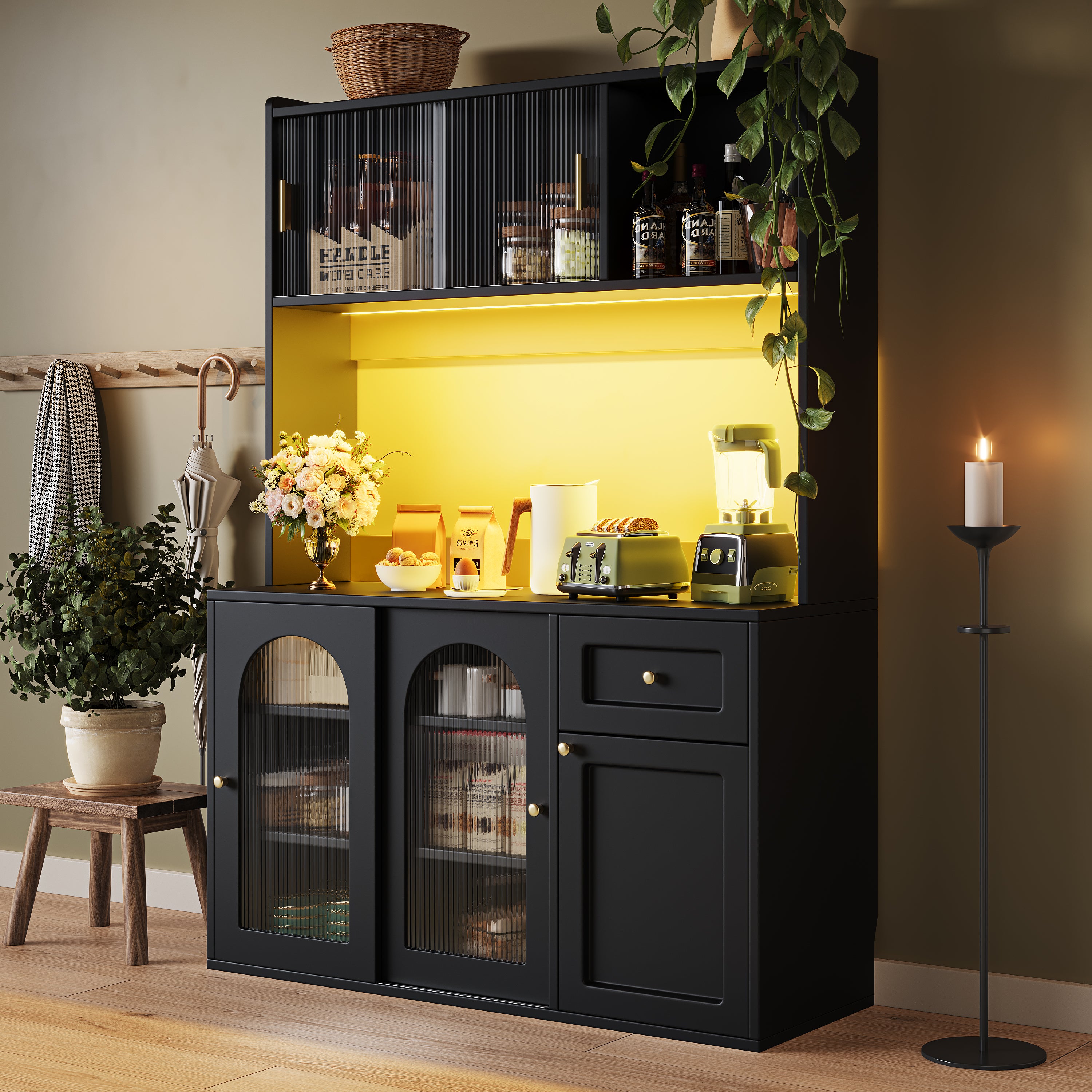 Kitchen Cabinet(120*35*167cm), Tall Cabinet, Display Cabinet, Buffet Cabinet with Adjustable Shelves, Dining Room Cabinet, Sideboard with LED Lighting, White/Black