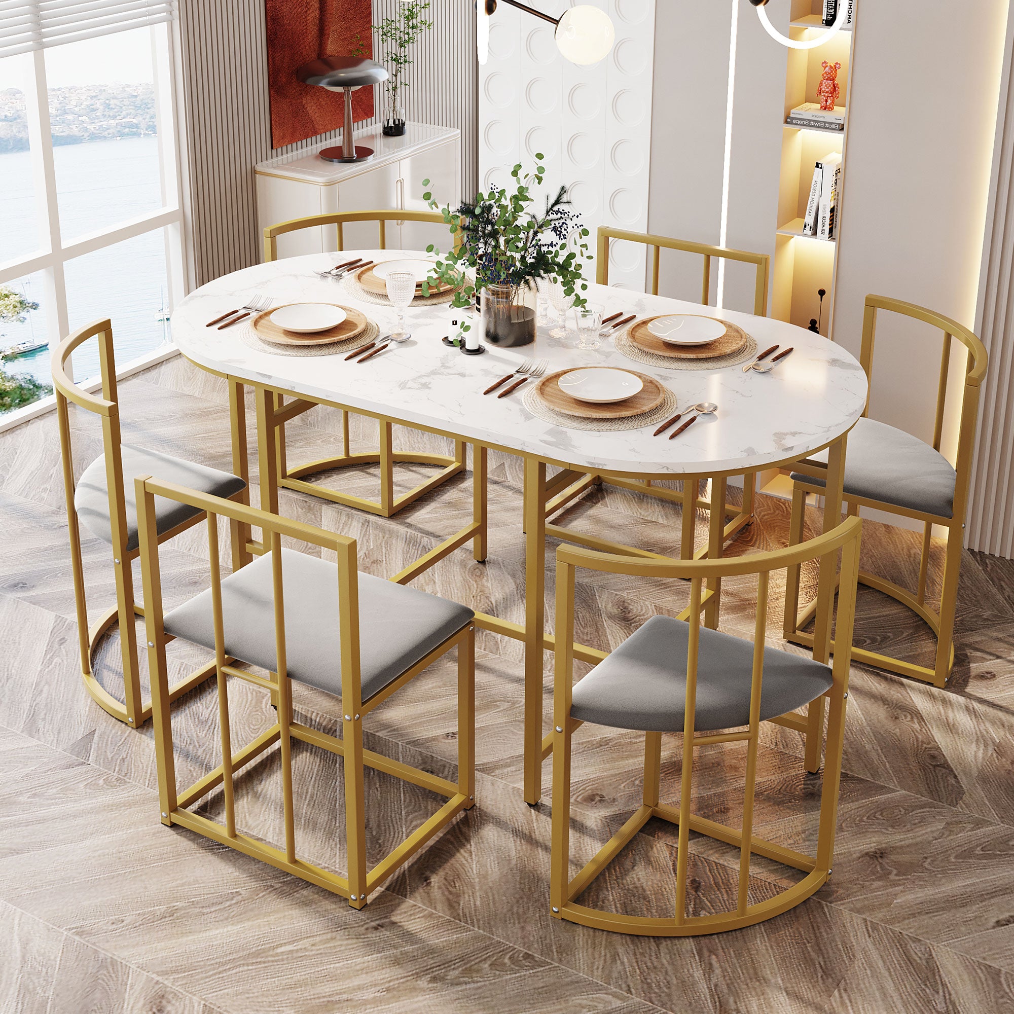 Six-Chair Dining Table Set:(White Table, Chairs with Backrests and Gray Upholstery, Gold Iron Frame),Dining Room Table and Chair Set,Modern Dining Table Combination
