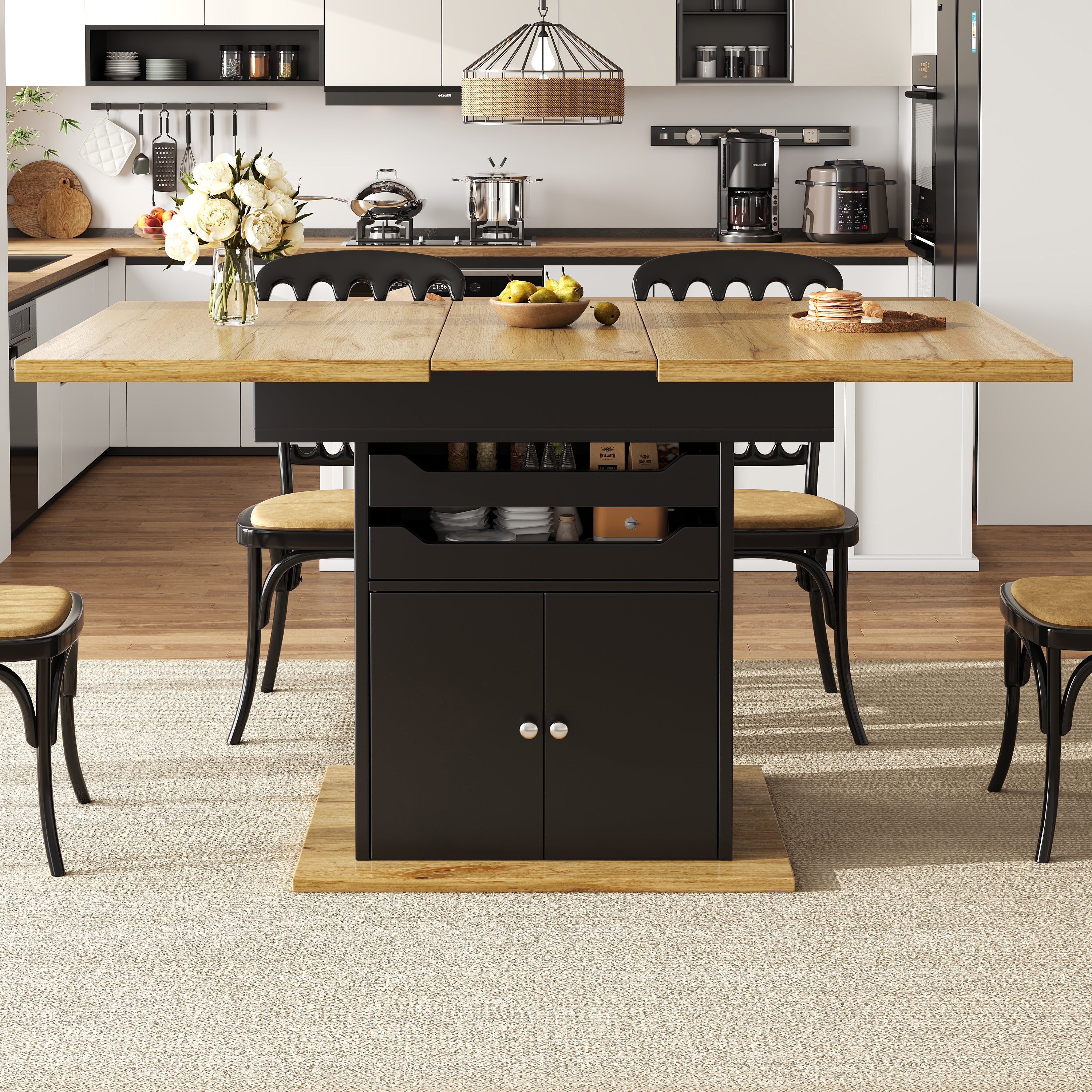 Telescopic dining table (110-140×80cm), foldable kitchen table for 4-6 people, extendable dining table, space-saving kitchen table, table with two drawers and a storage cabinet