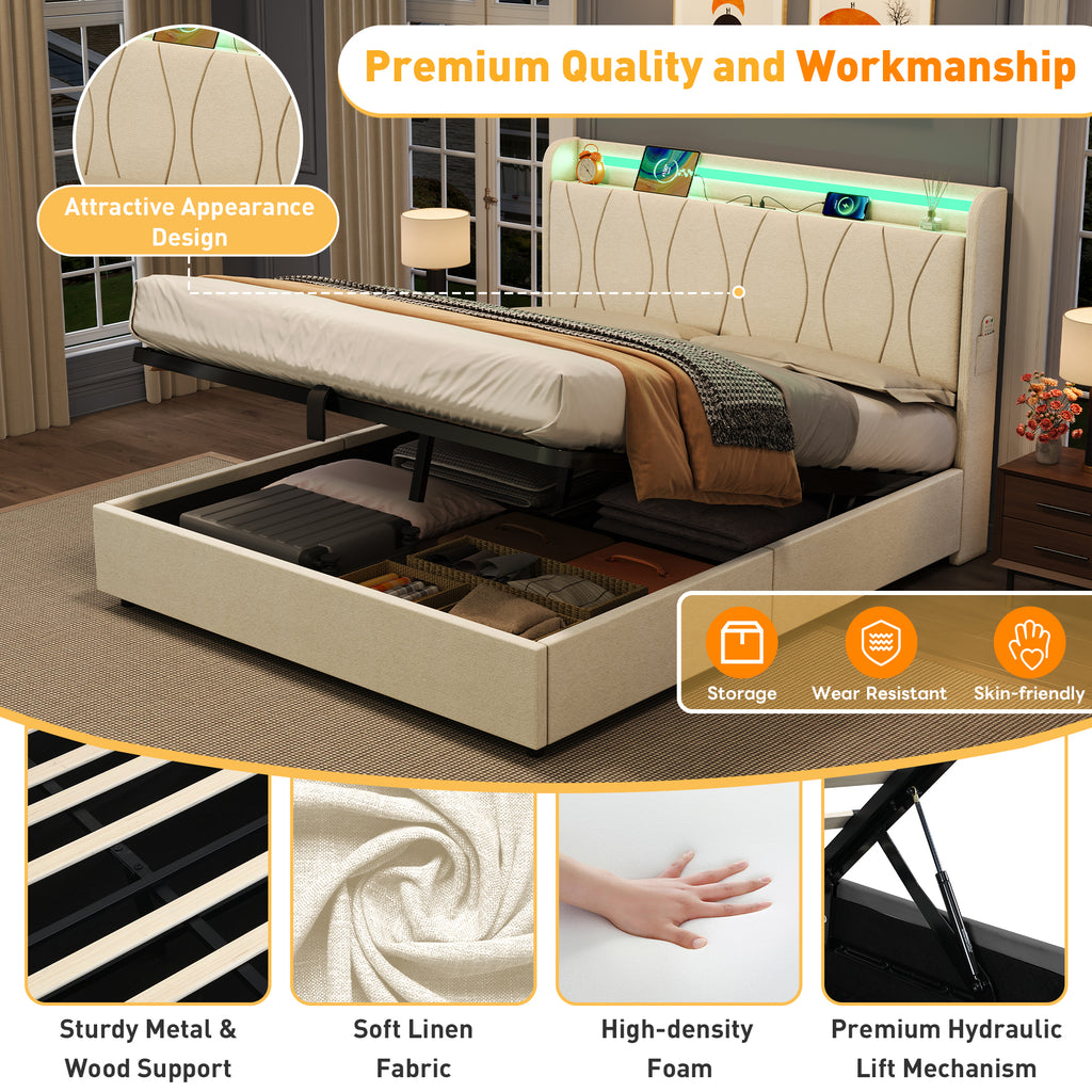 4ft6 Double Upholstered Bed Frame with Hydraulic Storage, LED Headboard with Charging Station and Concealed Headboard Storage, USB and Type - C Ports, Linen, No Box Spring Needed, Beige (No Mattress)