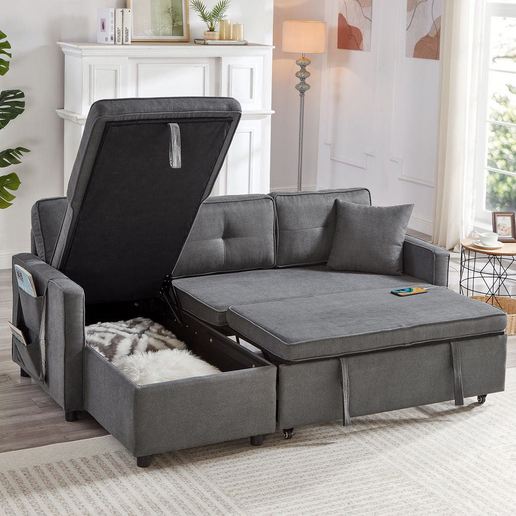 L-Shaped Pull Out Sleep Sofabed, Modern Reversible Sleeper Sectional Sofa, 3 in 1 Convertible Sofa Bed with Storage Chaise, Drop-Down Table, Cup Holders and Charging Ports (USB & Type-C), Grey