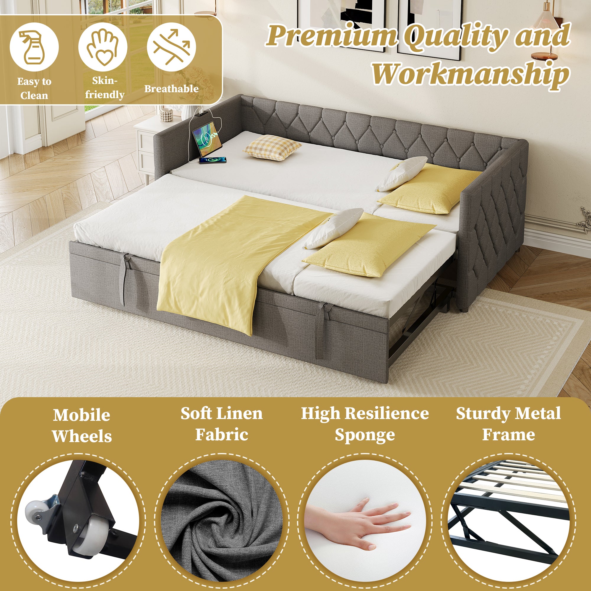 Upholstered Daybed, Sofa Bed with Charging Station, 3ft Single Button-tufted Bed with USB and Type - C Ports, Pull out Trundle Bed for Living Room/ Bedroom/ Study Room, Linen, Grey (No Mattress)