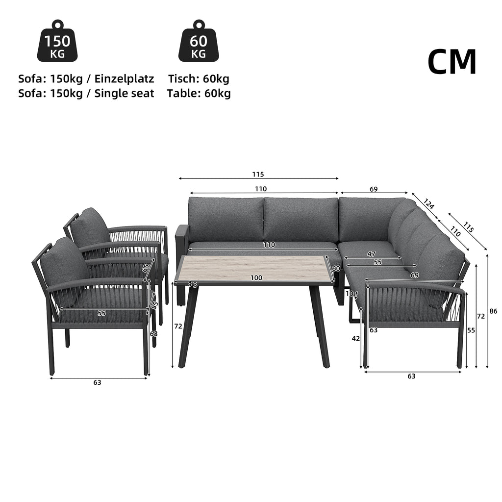 Garden Lounge Set, Furniture Set for 8 People, Ropework, Large Table with Wood Grain Finish, Galvanized Iron Frame, Adjustable Legs, All Seat and Back Cushions Included, Gray
