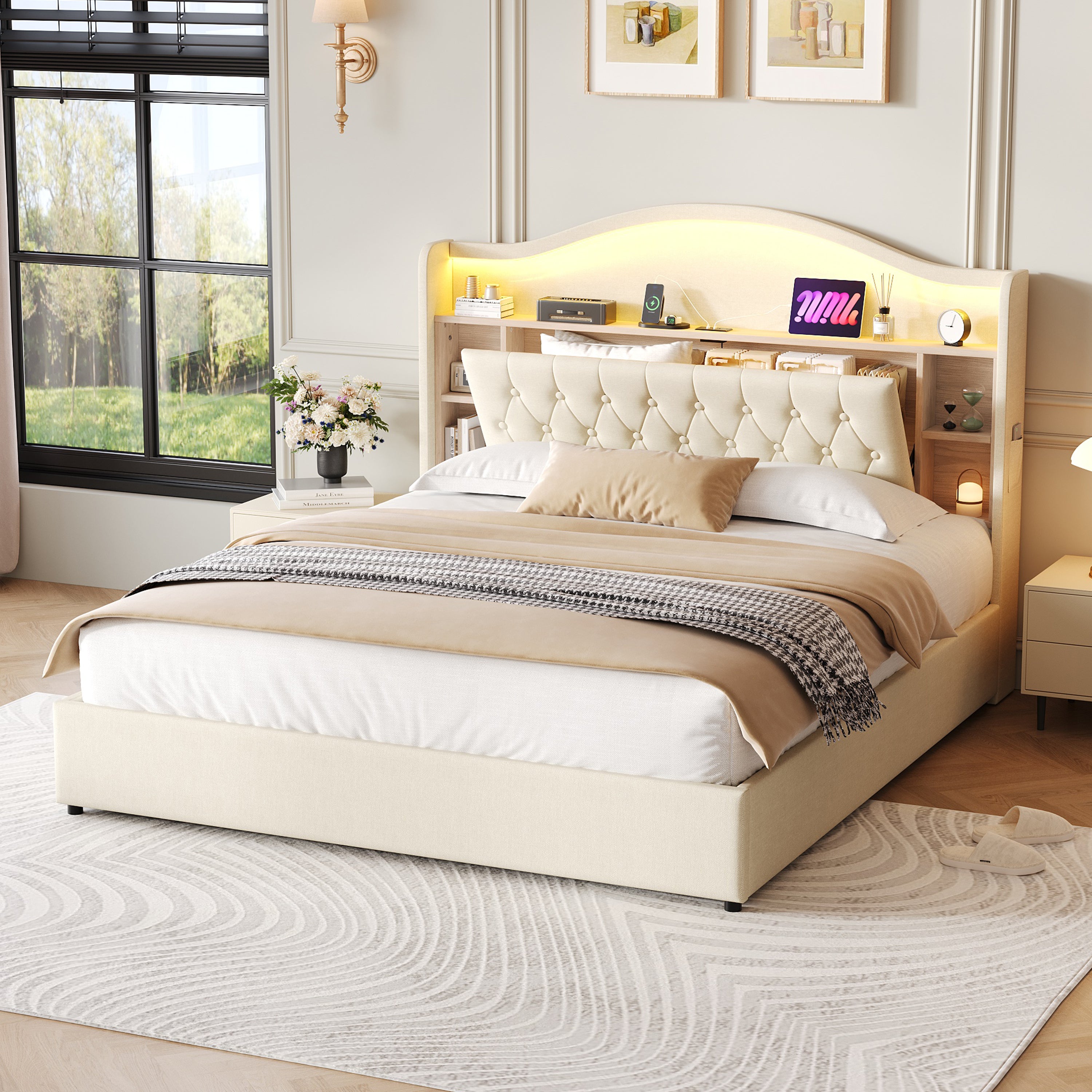 5ft King Upholstered Bed Frame with Hydraulic Storage, LED Curved Button Tufted Headboard with Charging Station and Concealed Headboard Storage, USB and Type - C Ports, Linen, Beige (No Mattress)
