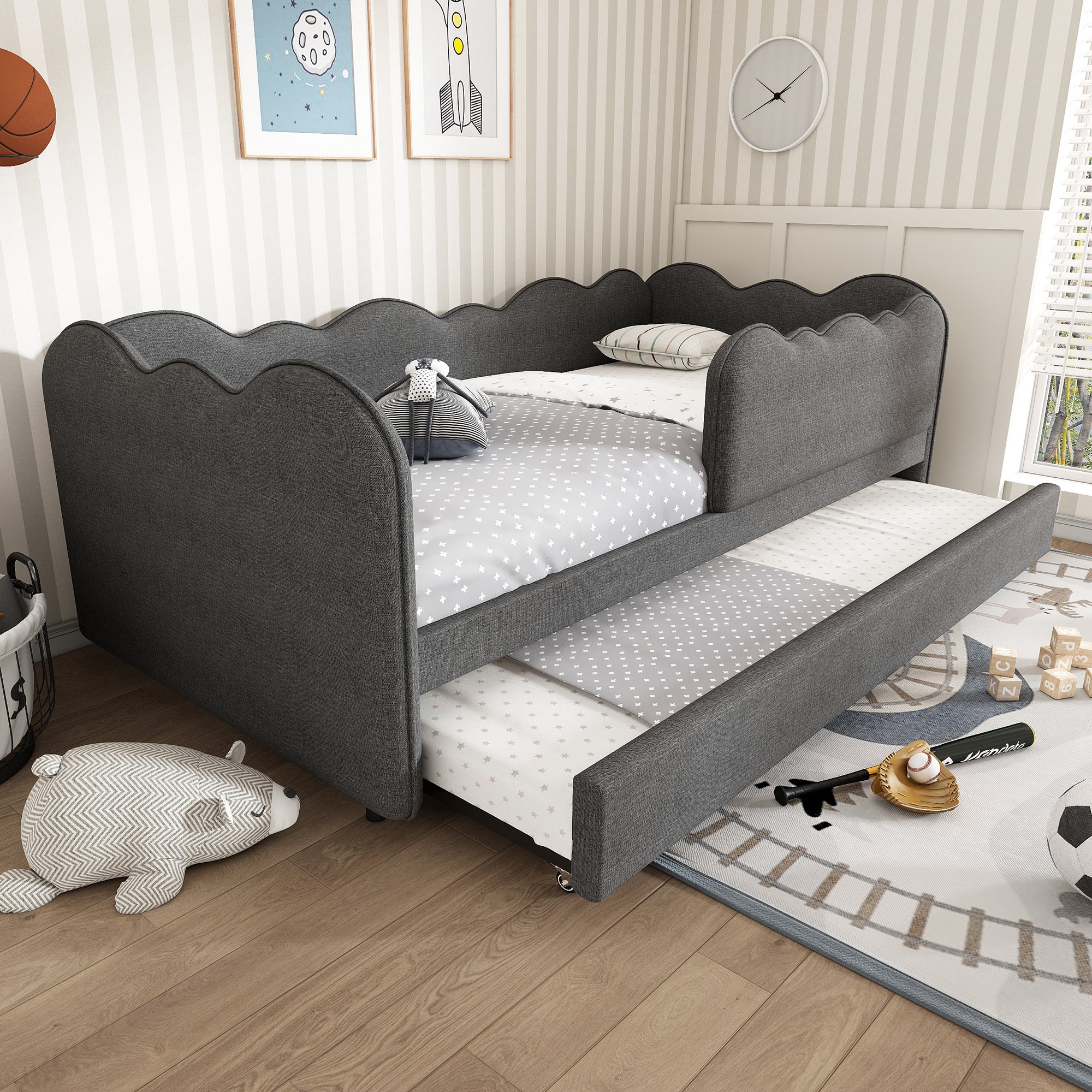Upholstered Bed Daybed 90 x 190 cm, 3FT Single Bed with Pull out Trundle, Sofa Bed For Adults and Children, Single Daybed With Slatted Frame, Linen, Grey (No Mattress)