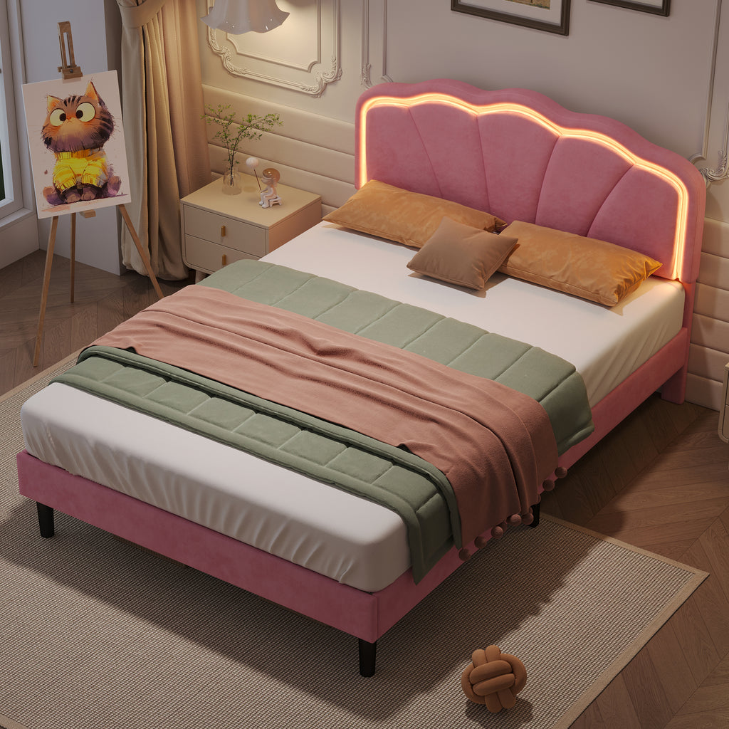 4ft6 Double Upholstered Bed with LED Adjustable Shell Shape Headboard, Soft Velvet Bed Frame with Solid Wood Slat, No Box Spring Needed, Easy Assembly, Pink (No Mattress)