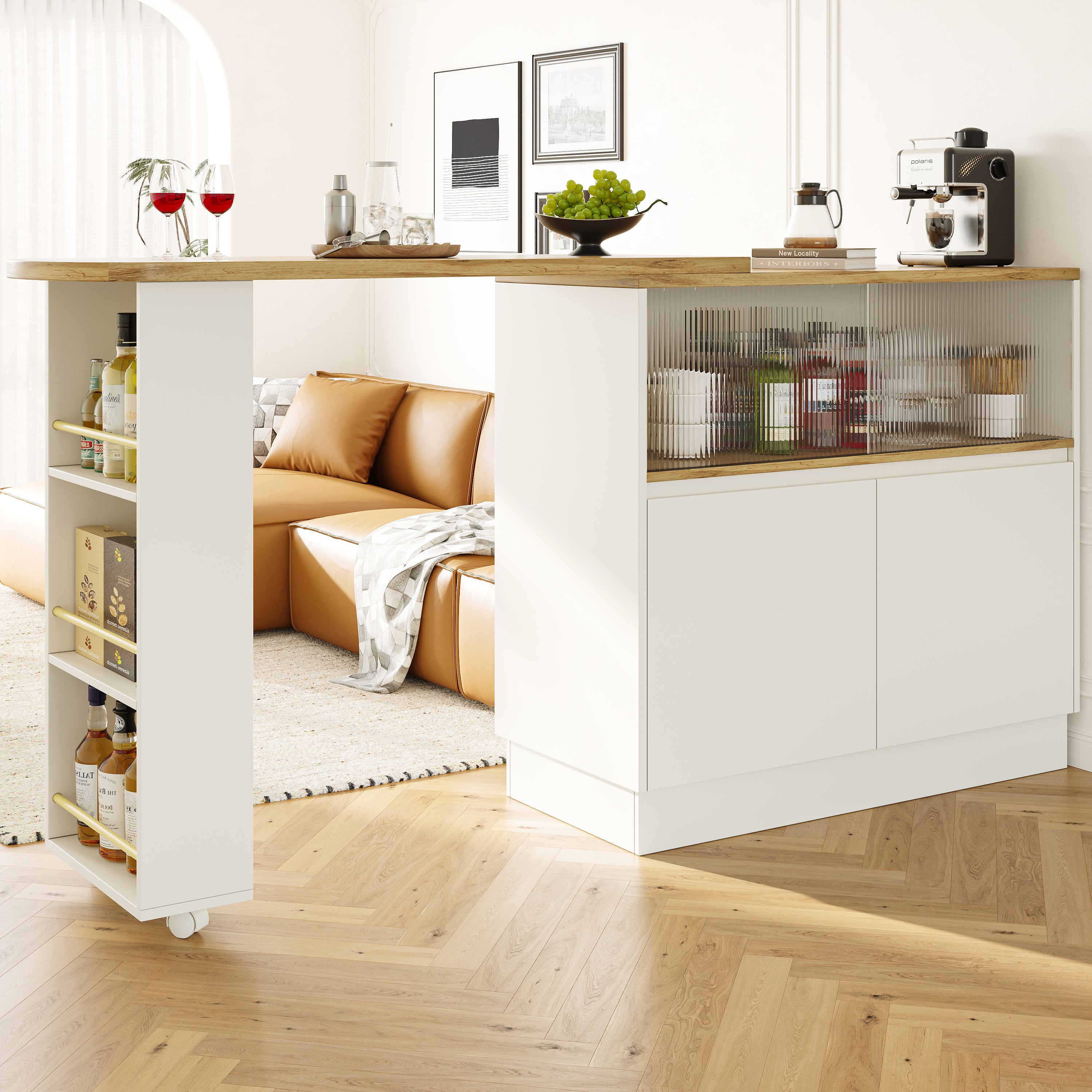360° swivelling high table (main body 90 x 45 x 100 cm), white multifunctional swivelling sideboard with storage compartment, sliding glass door, suitable for kitchen/dining room