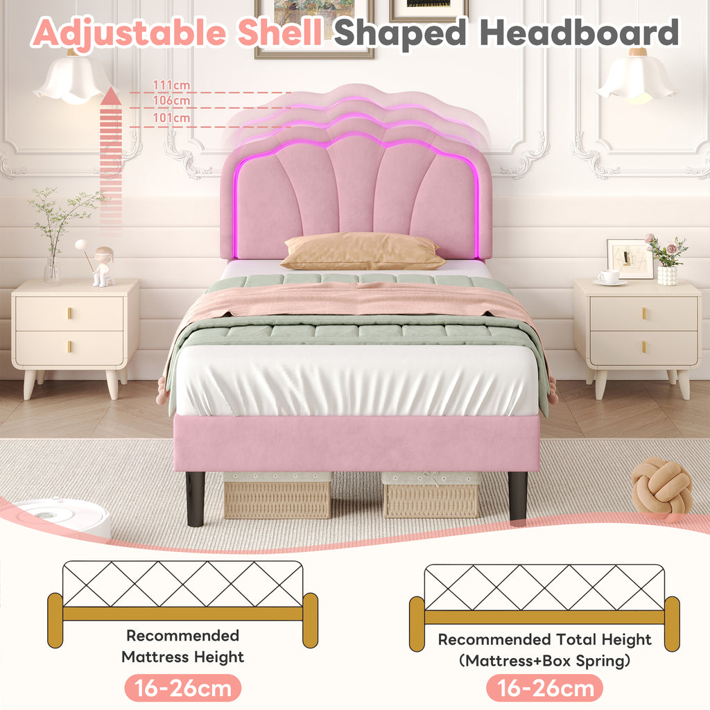 3ft Single Upholstered Bed with LED Adjustable Shell Shape Headboard, Soft Velvet Bed Frame with Solid Wood Slat, No Box Spring Needed, Easy Assembly, Pink (No Mattress)