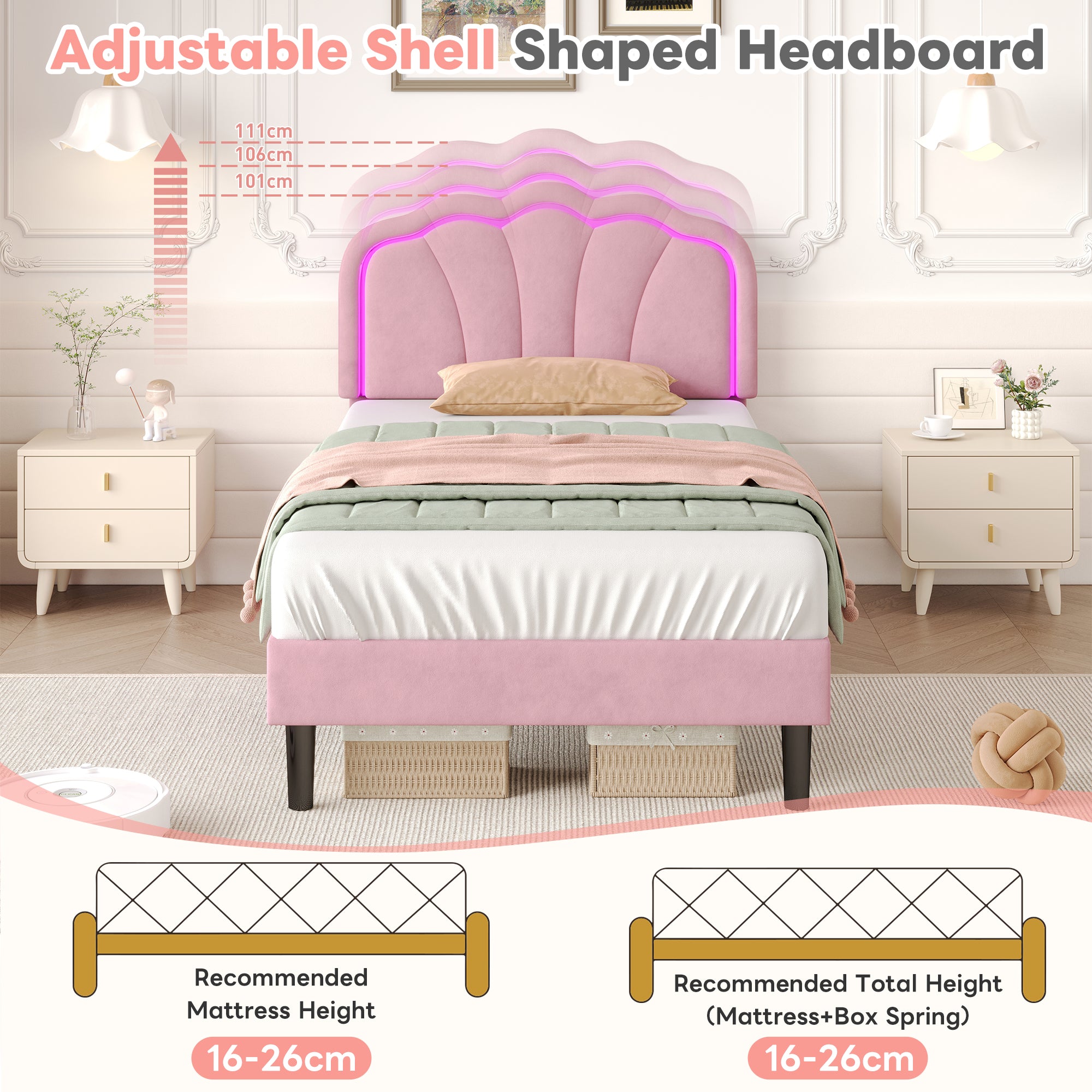 3ft Single Upholstered Bed with LED Adjustable Shell Shape Headboard, Soft Velvet Bed Frame with Solid Wood Slat, No Box Spring Needed, Easy Assembly, Pink (No Mattress)