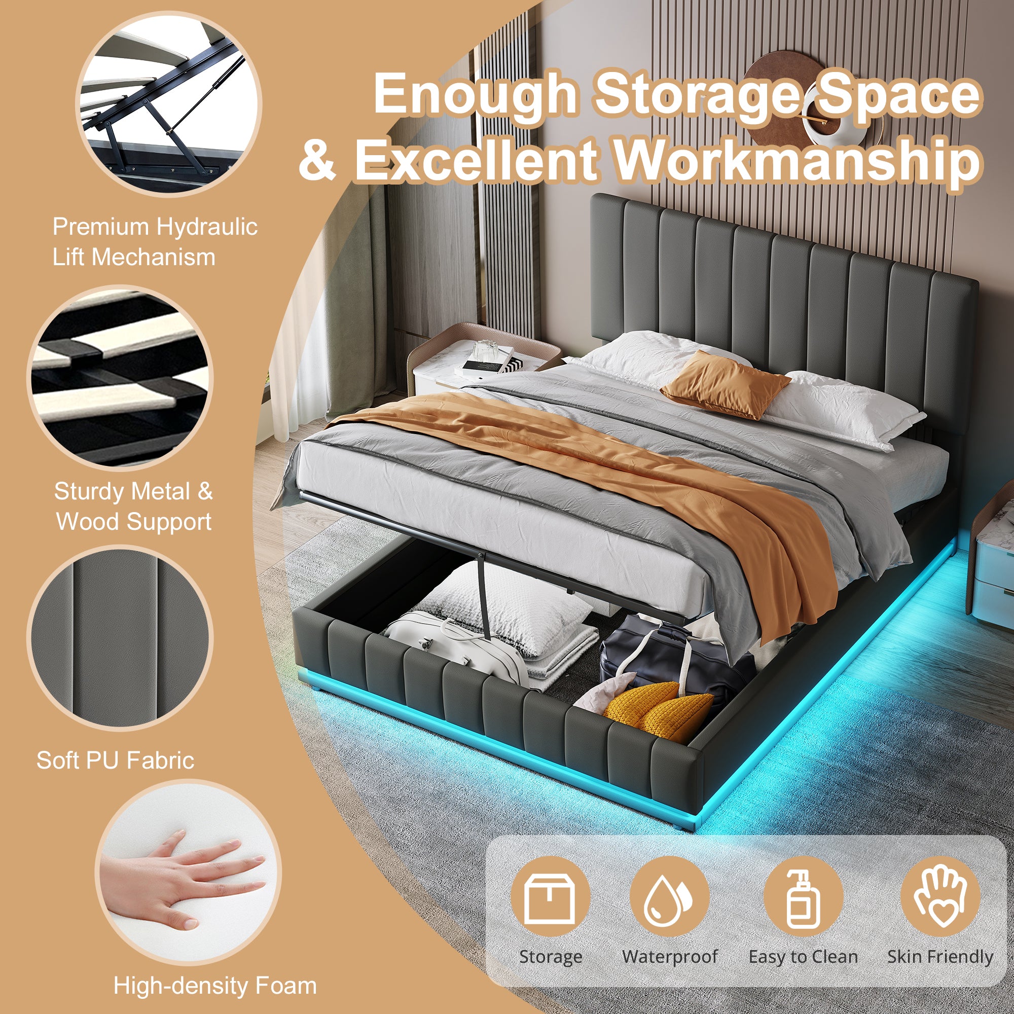 Ottoman King Bed with LED Lighting, PU Leather Upholstered Bed with Hydraulic Storage, 5ft King Bed Frame with Adjustable Channel Tufted Headboard, No Box Spring Needed, Grey (No Mattress)