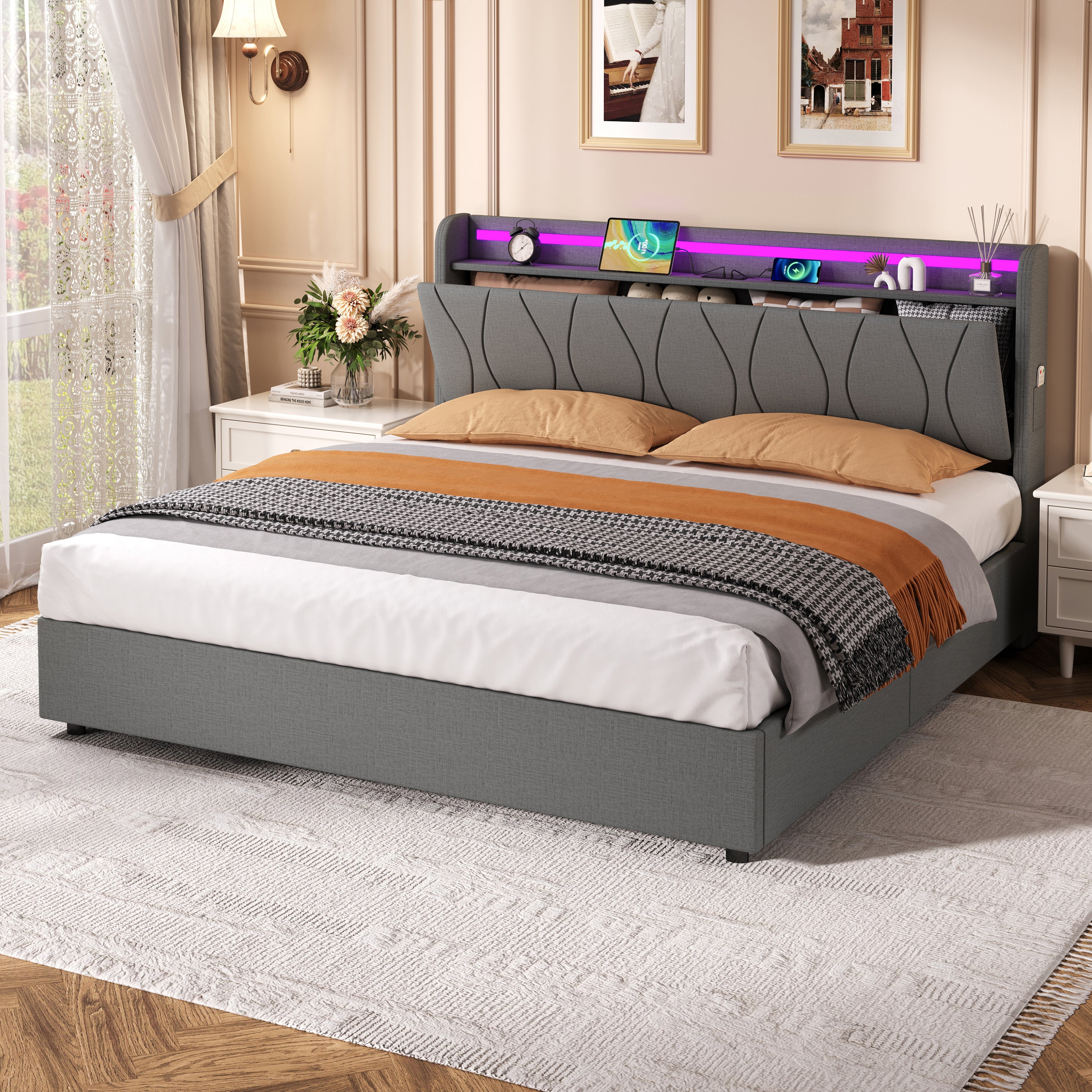 5ft King Upholstered Bed Frame with Hydraulic Storage, LED Headboard with Charging Station and Concealed Headboard Storage, USB and Type - C Ports, Linen, No Box Spring Needed, Grey (No Mattress)