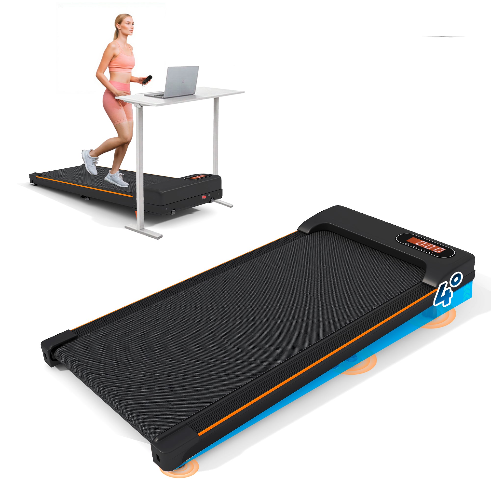 Folding Under Desk Walking Pad Treadmill with Adjustable Incline, 1-6 km/h Low Noise for Home & Office, LED Display, Magnetic Remote Control, Transport Wheels & Plug, Black.