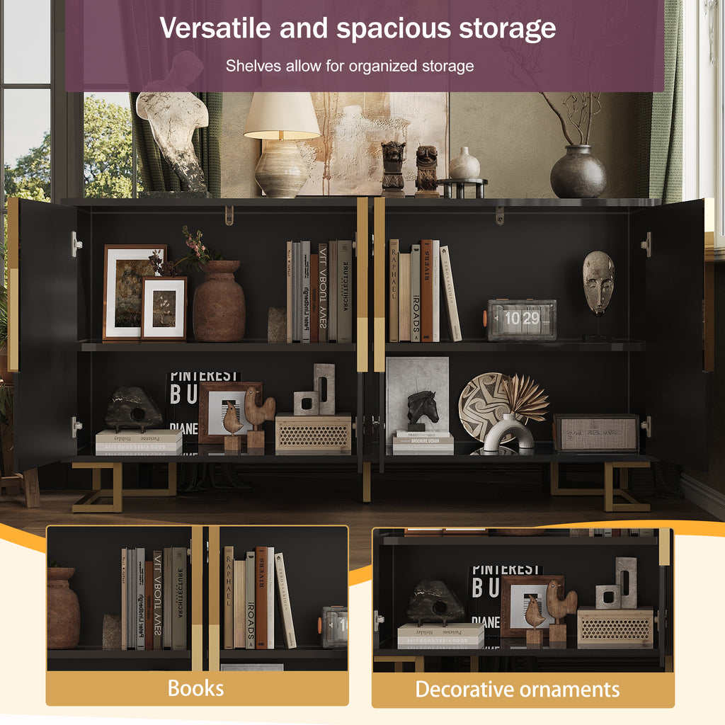 Black sideboard (152 x 40 x 75 cm) features a unique geometric design and gold handles and feet for an elegant feel