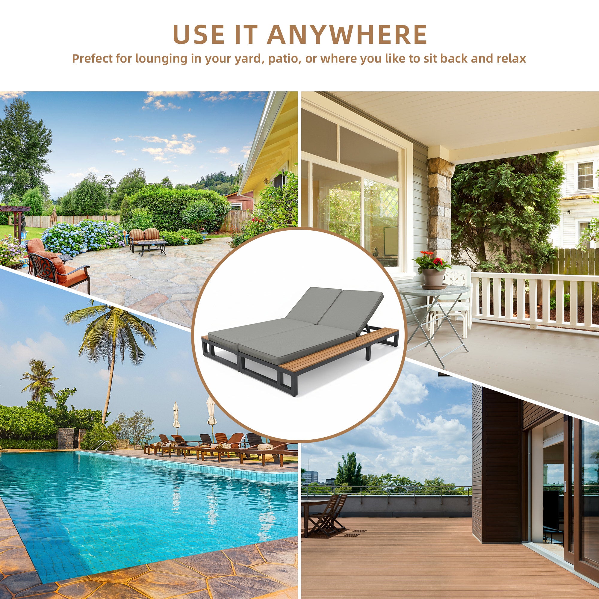 Outdoor Patio Daybed, Outdoor Lounger, Multifunctional Waterproof Sofa Bed, Sun Lounger for Patio, Adjustable Backrest Angle, Gray, Left Side