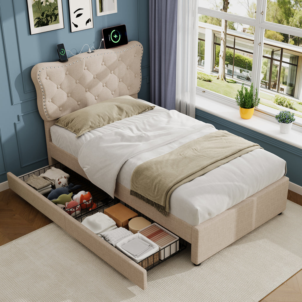 3ft Single Upholstered Bed with Rivet Design and Charging Station, Two Storage Drawers, Adjustable Button Tufted Headboard with USB & Type-C Ports, No Box Spring Needed, Linen, Beige  (No Mattress)