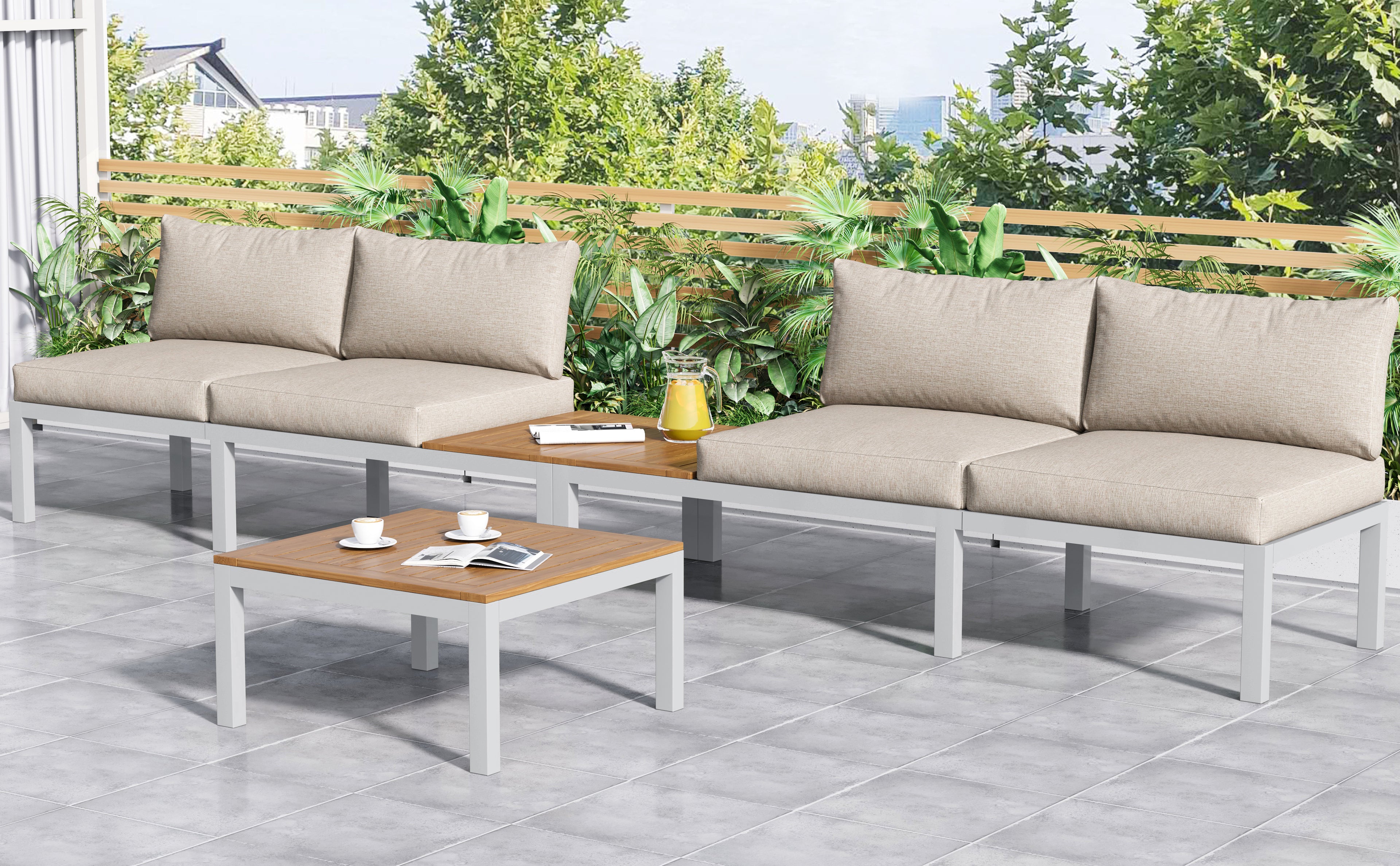 Outdoor Patio&Backyard Furniture Garden Lounge Set for 4 people, Space Saving Thick Quality L-Shaped Corner Sofa with Wooden Table, Beige