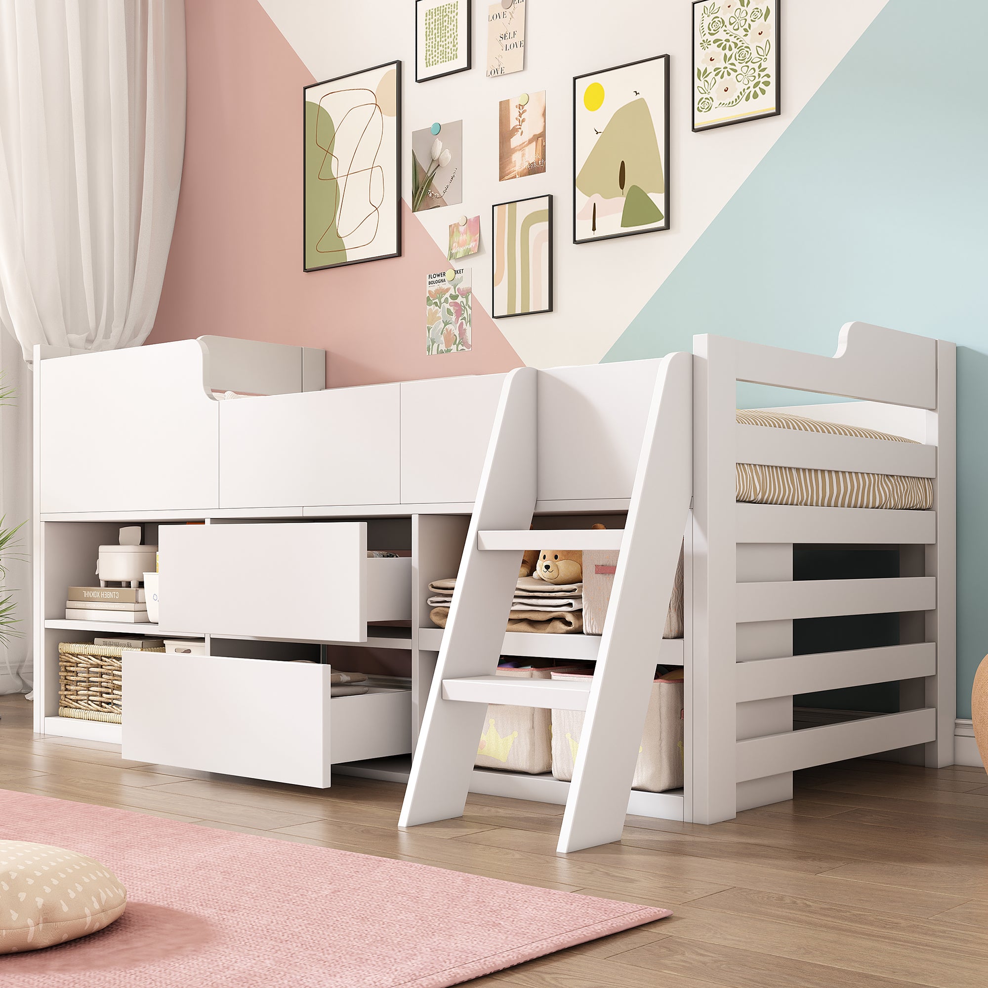 Cabin Bed Mid Sleeper Bed Frame Storage Kids Wooden bed with Drawers Shelf Storage Low Sleeper Bed  3ft Single Children's White Wooden Bed - 3ft Single (90 x 190 cm) Frame Only