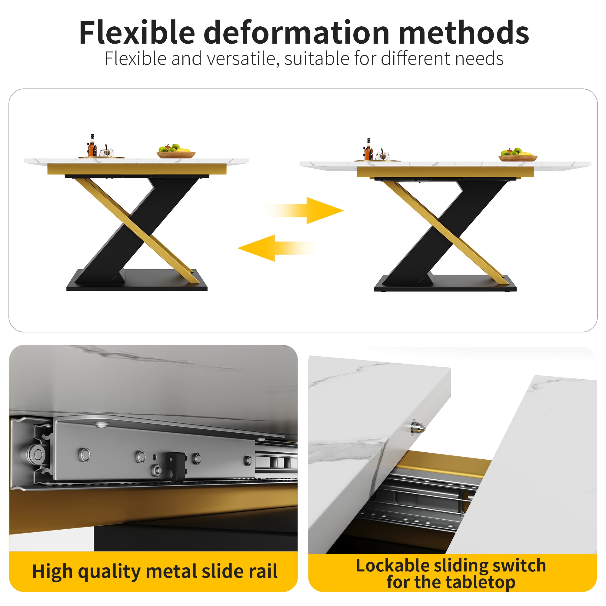 Extendable dining table (120–160 × 80 cm), kitchen/living room table, extendable table, extendable to 160 cm with the aid of an internal insert panel, dining table with golden cross legs