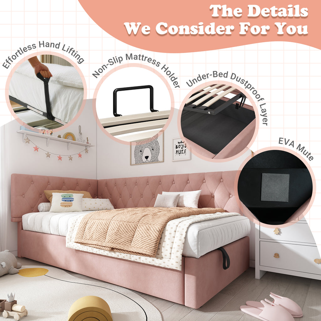Daybed Upholstered Bed with Storage, 3FT Single Sofa Bed 90 x 190 cm, Ottoman Bed with Hydraulic Storage, Metal Slatted Bed Frame, Velvet, Pink (No Mattress)
