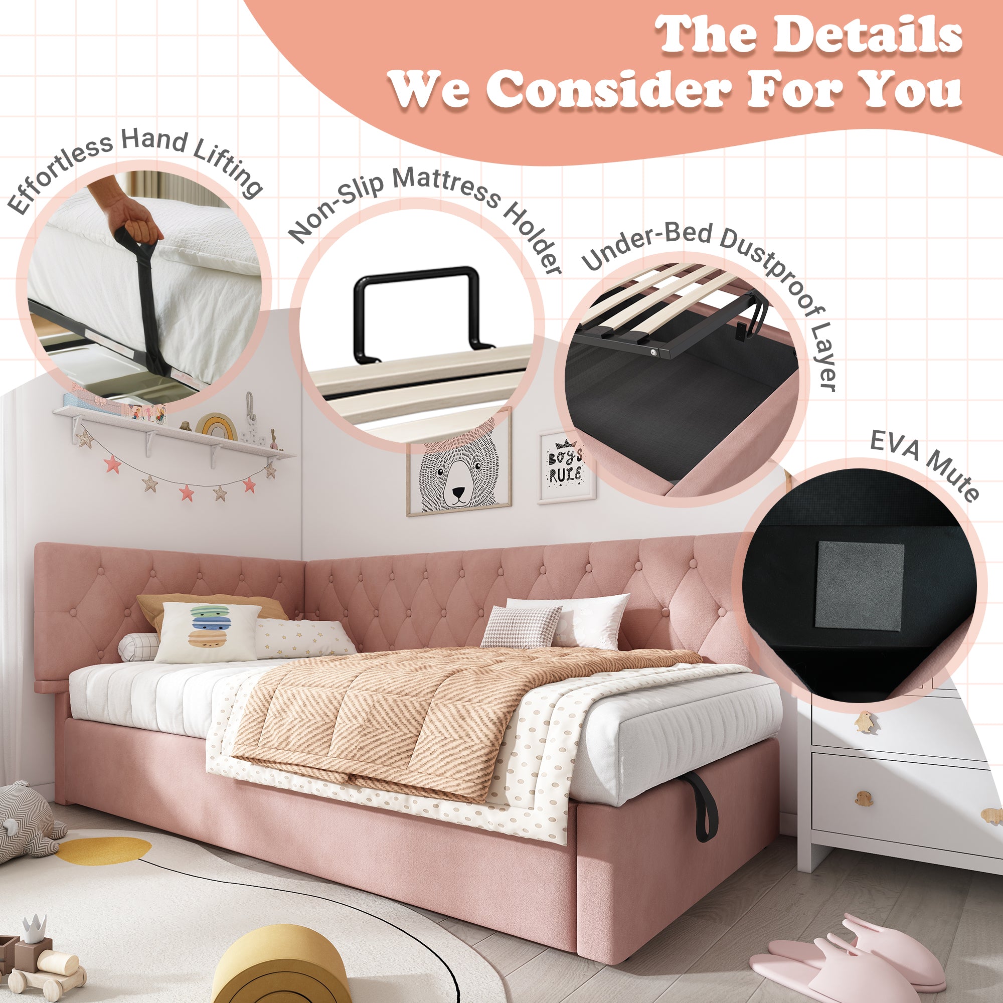 Daybed Upholstered Bed with Storage, 3FT Single Sofa Bed 90 x 190 cm, Ottoman Bed with Hydraulic Storage, Metal Slatted Bed Frame, Velvet, Pink (No Mattress)