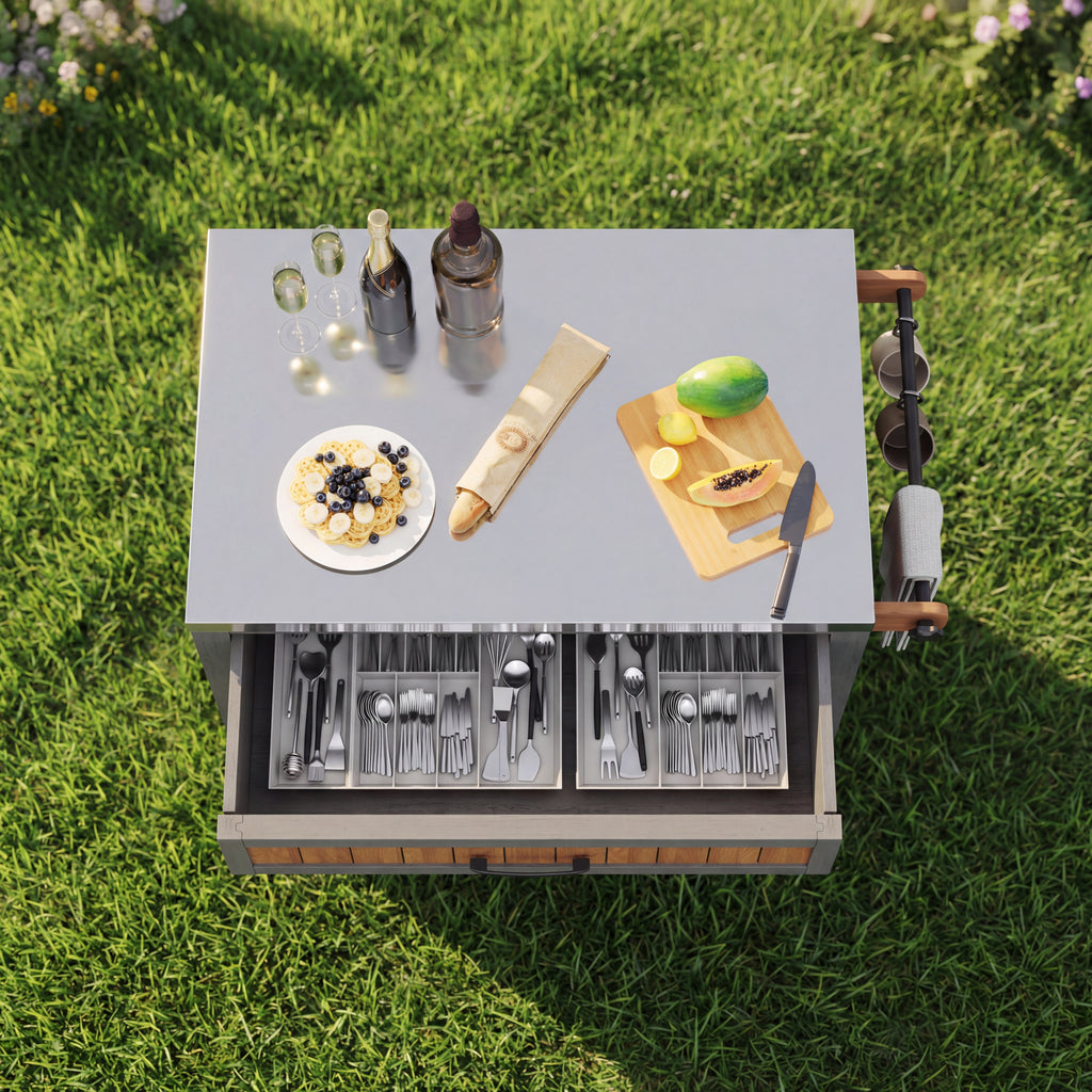 Garden cabinet with wheels and stainless steel worktop – Mobile tool cabinet with drawer and shelf, weatherproof sideboard with double shelf and towel rack, barbecue station for patio