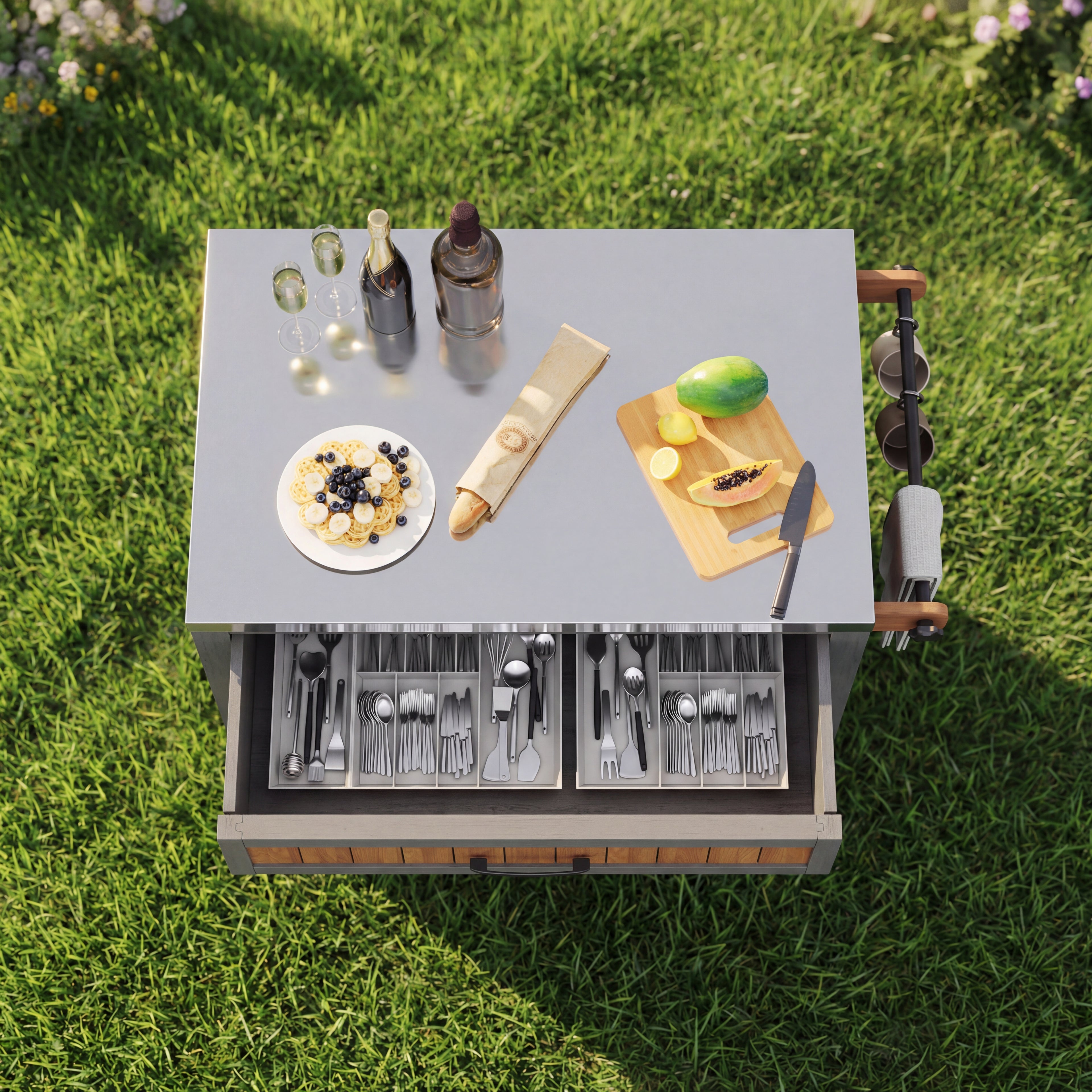 Garden cabinet with wheels and stainless steel worktop – Mobile tool cabinet with drawer and shelf, weatherproof sideboard with double shelf and towel rack, barbecue station for patio
