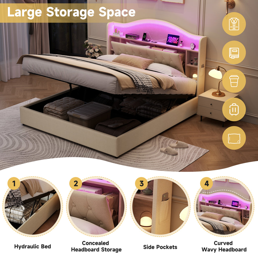 5ft King Upholstered Bed Frame with Hydraulic Storage, LED Curved Button Tufted Headboard with Charging Station and Concealed Headboard Storage, USB and Type - C Ports, Linen, Beige (No Mattress)