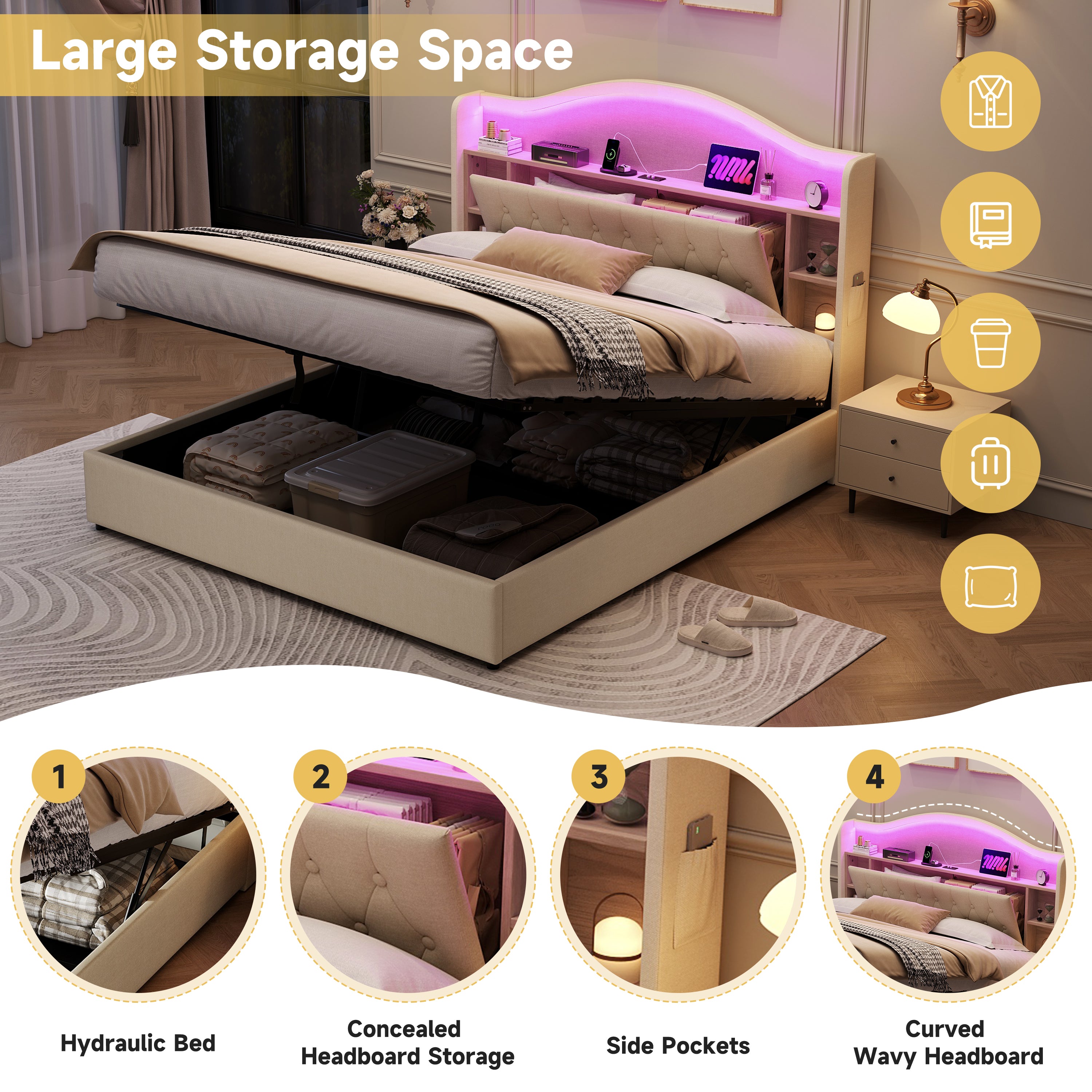 5ft King Upholstered Bed Frame with Hydraulic Storage, LED Curved Button Tufted Headboard with Charging Station and Concealed Headboard Storage, USB and Type - C Ports, Linen, Beige (No Mattress)
