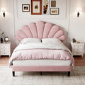 4ft6 Double Upholstered Velvet Bed Frame, with Adjustable Chic Petal Headboard, Velvet Platform Bed Frame with Solid Wood Slat, No Box Spring Needed, Easy Assembly, Pink