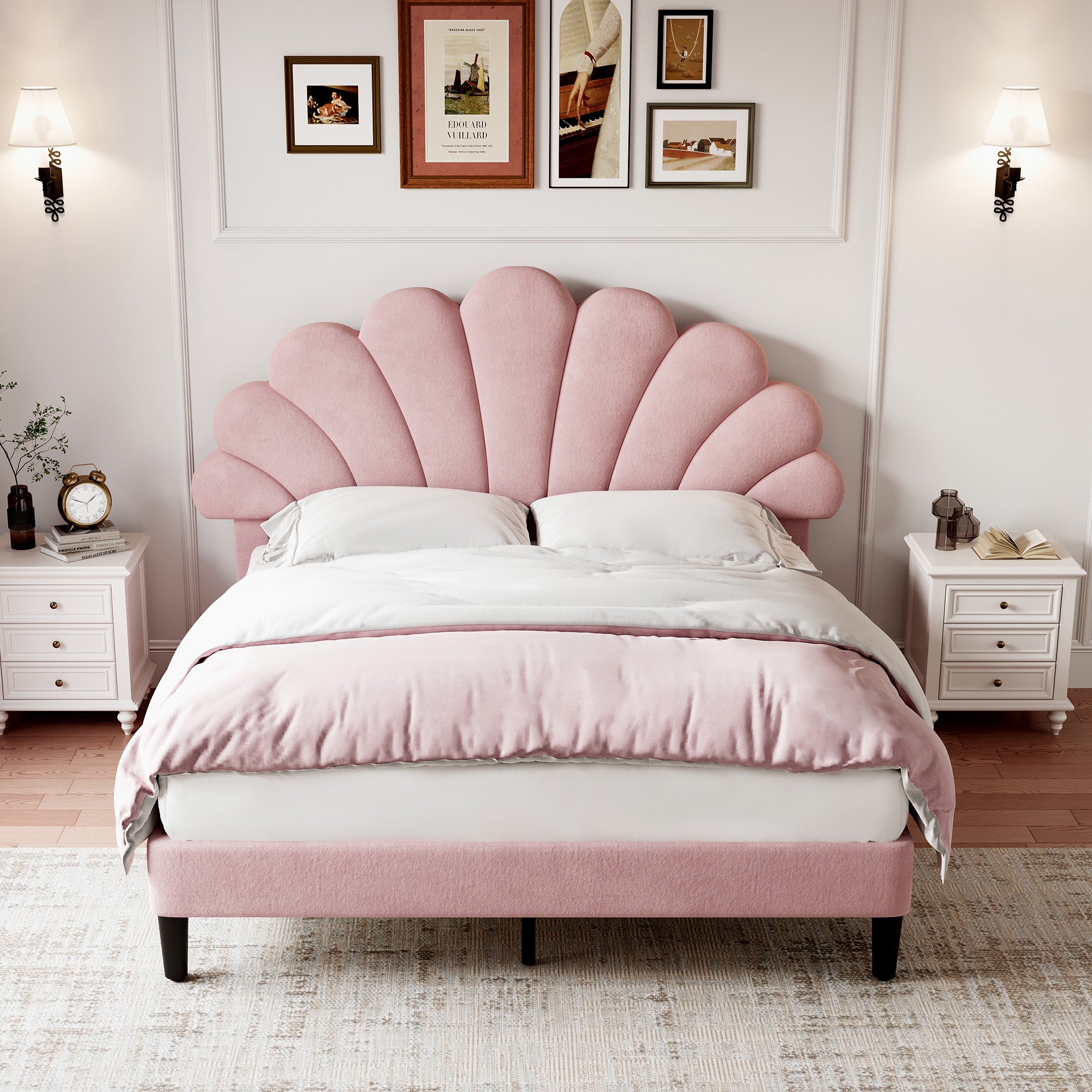 4ft6 Double Upholstered Velvet Bed Frame, with Adjustable Chic Petal Headboard, Velvet Platform Bed Frame with Solid Wood Slat, No Box Spring Needed, Easy Assembly, Pink