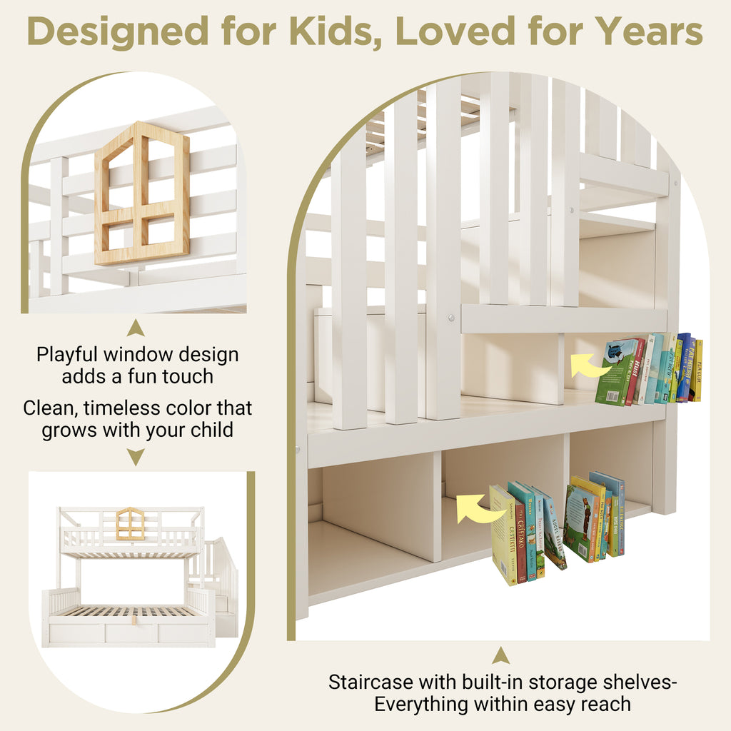 Bunk Beds for Kids, Staircase Bunk with Hydraulic Storage, Children's Bed with Storage Cube, Double Bunk Bed for Family with Multiple Children, (90+135) x 190 cm, Solid Wood, White