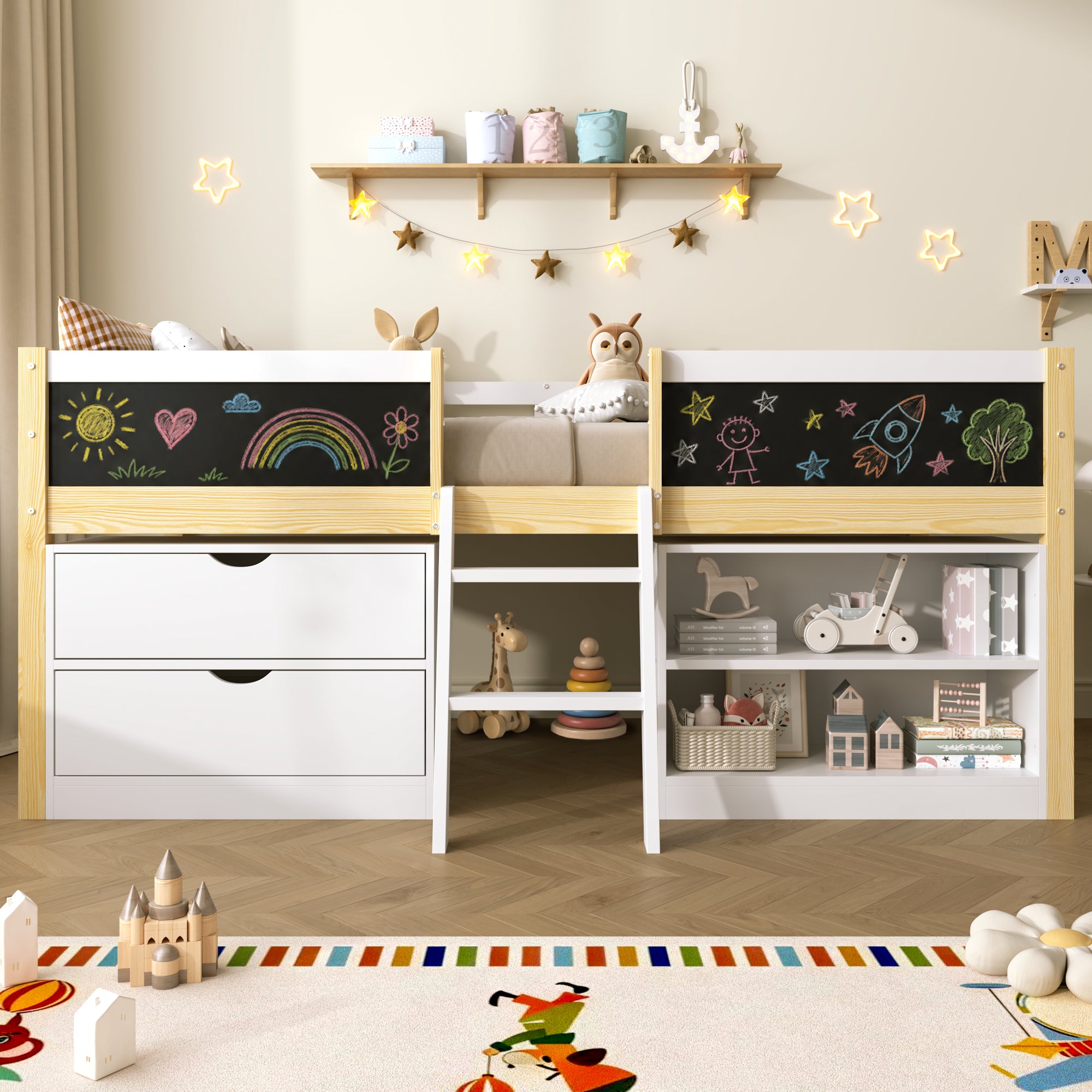 3ft Single Low Loft Bed with Blackboard, Modern Wood Bed Frame with Drawers and Storage Shelves, Under-bed Space, Modern Bed with Safety Guardrail, Saving-space Design, White (No Mattress)