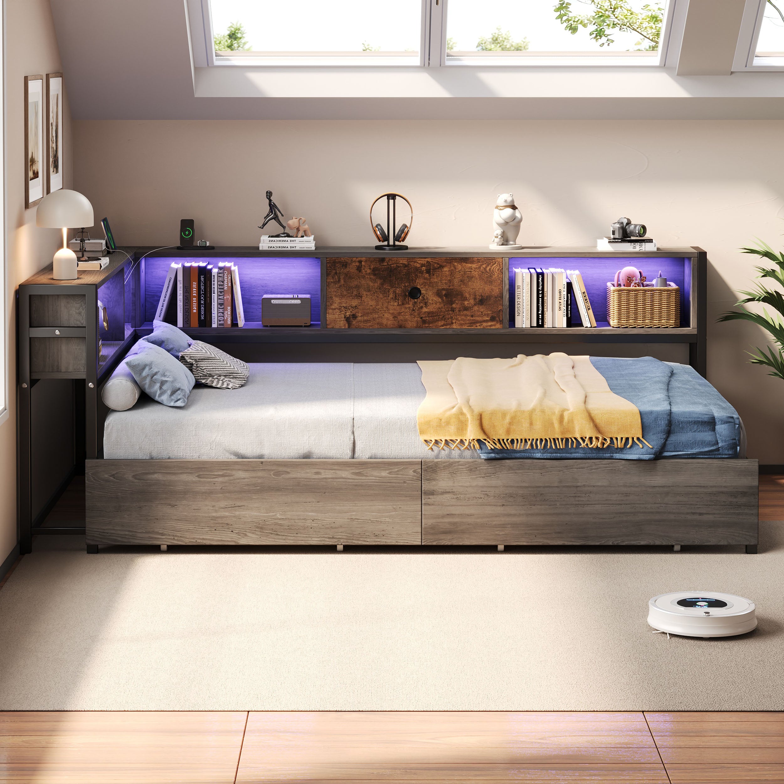 3ft Single Metal and Wood Bed with RGB LED Lights & Charging Station (USB & Type-C), Built-in Shelves and Bedside Storage, Two Storage Drawers, Two Assembly Methods, Grey, Rustic Brown (No Mattress)