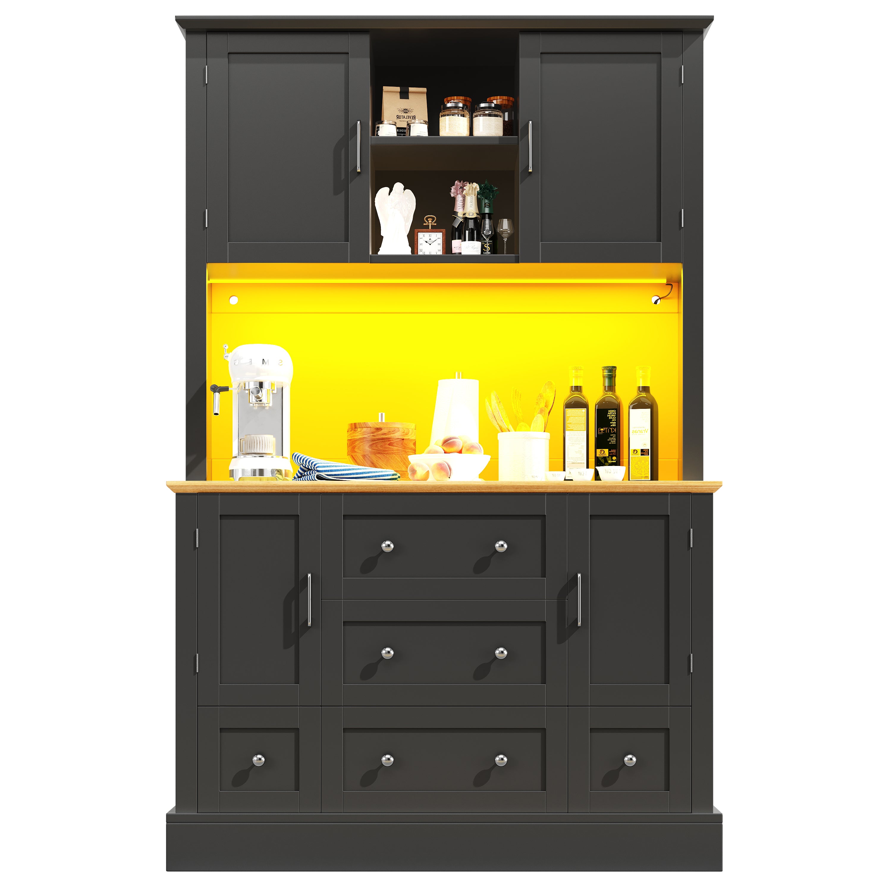 Snack cabinet, kitchen cabinet (115 x 40 x 180 cm), tall kitchen dining cabinet, sideboard, kitchen cabinet with five drawers and LED lighting, suitable for kitchen, living room, dining room, black