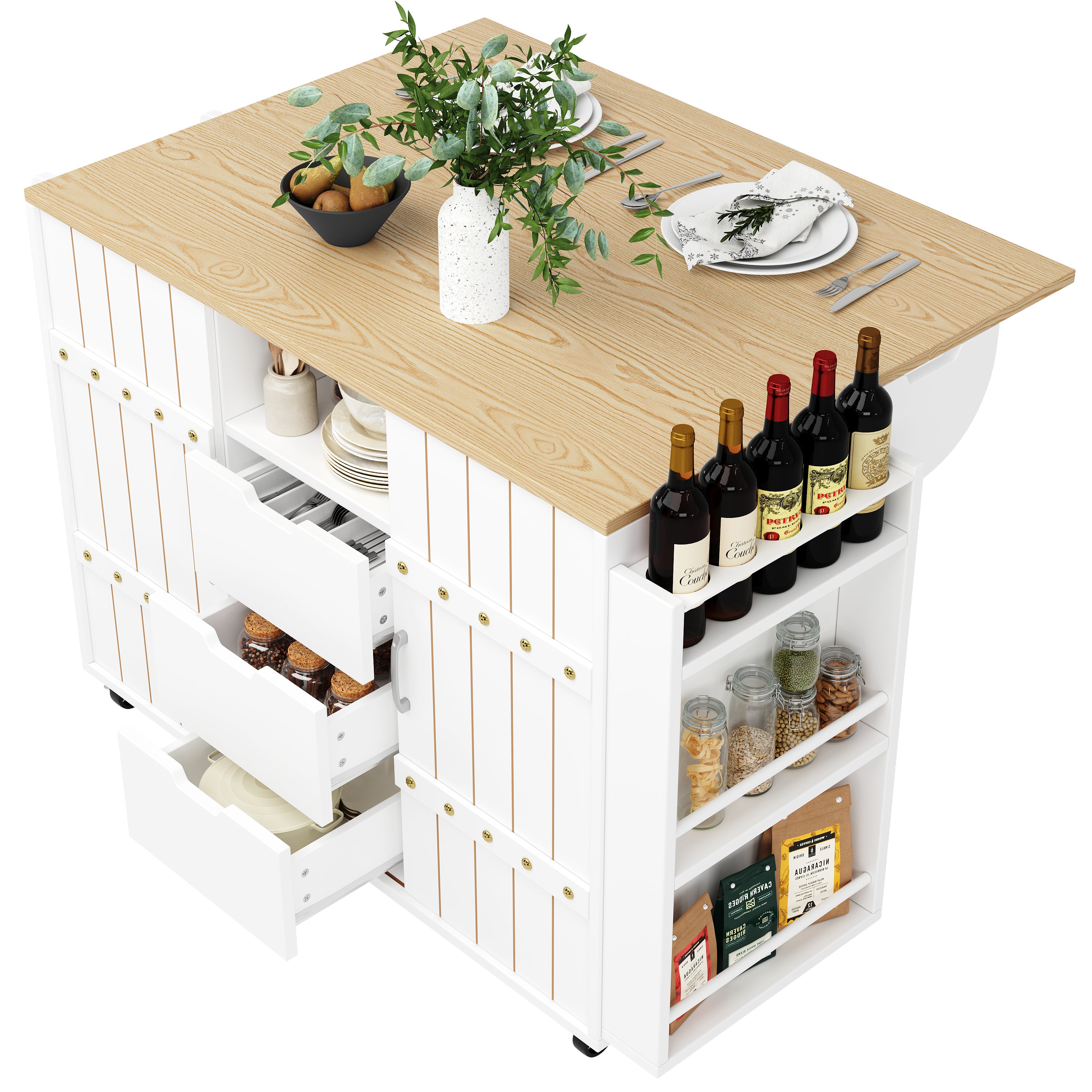 Kitchen cabinet, serving trolley with wood grain finish, kitchen trolley with castors and worktop, with spice rack and towel rail, kitchen island with sliding doors and drawers, white