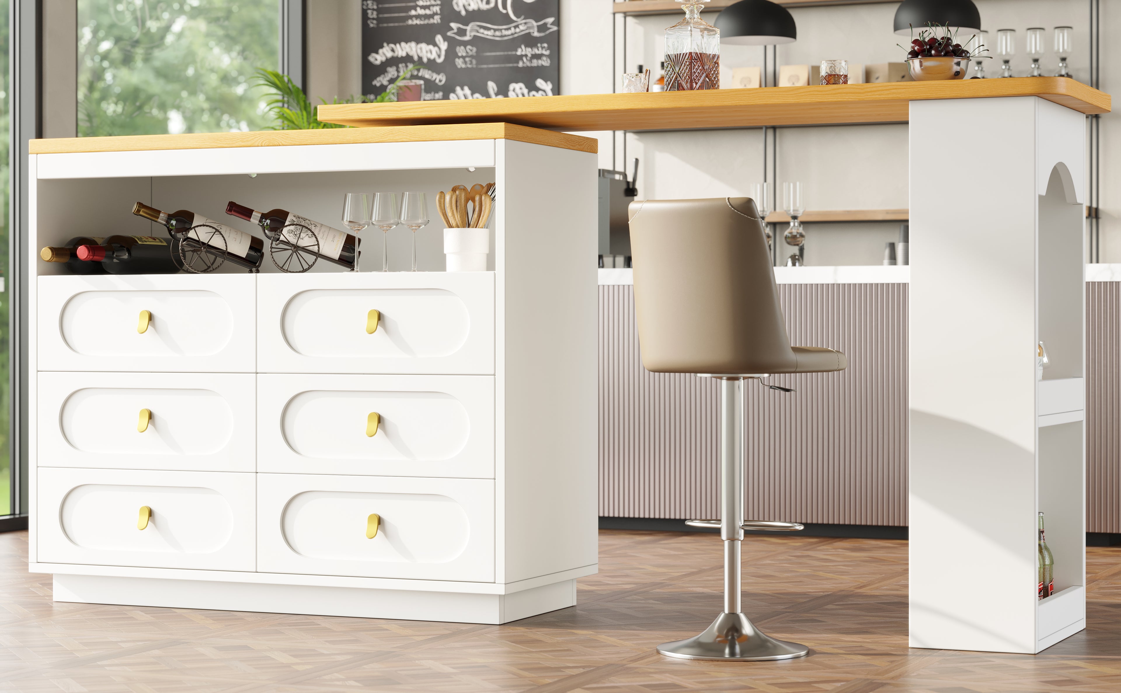 360° rotating bar table (main body 137 x 39 x 90 cm), coffee bar furniture, rotating dining bar with storage, kitchen island, with spice rack, six drawers, open storage space, white
