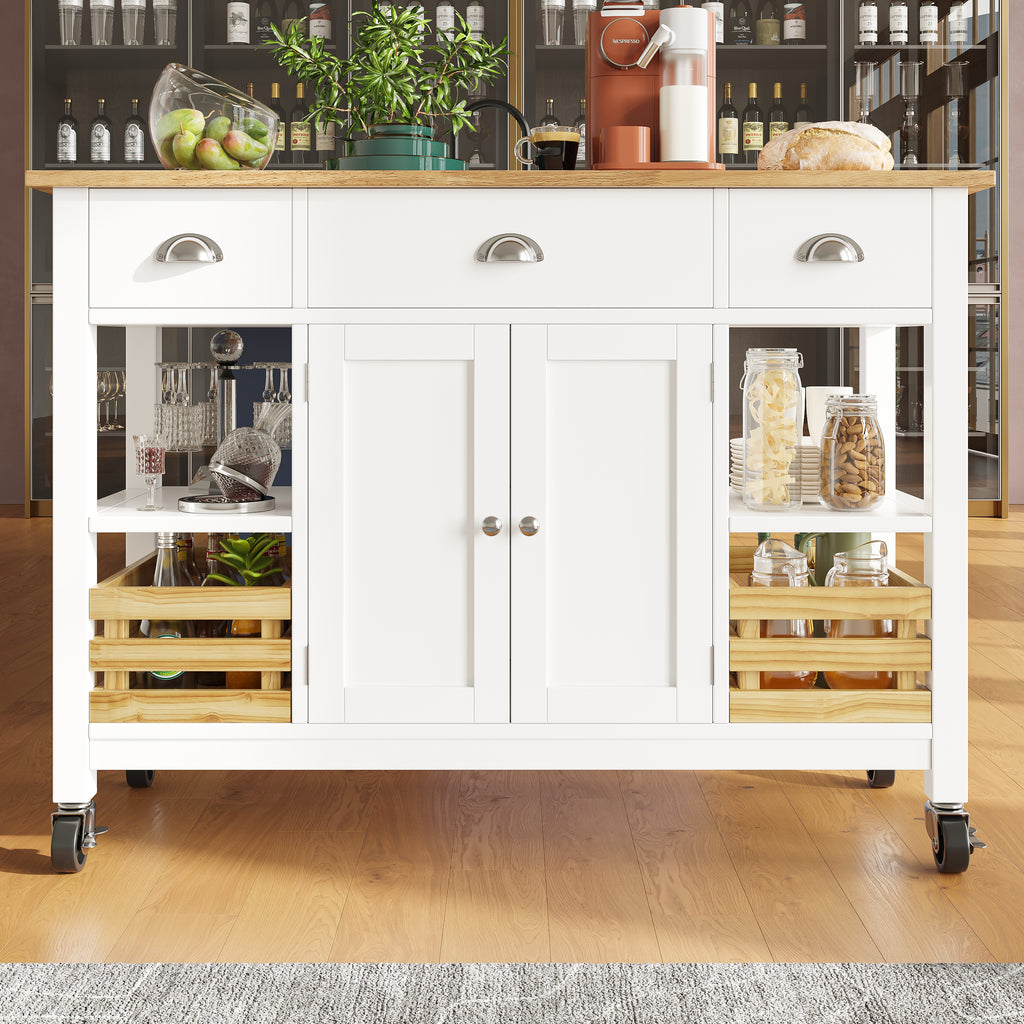Rolling Kitchen Island Storage Trolley with Large Cabinet, 3 Drawers, Spice Rack, Adjustable Shelf, Dining Room Organiser Sideboard Cupboard Cabinet Cart, White