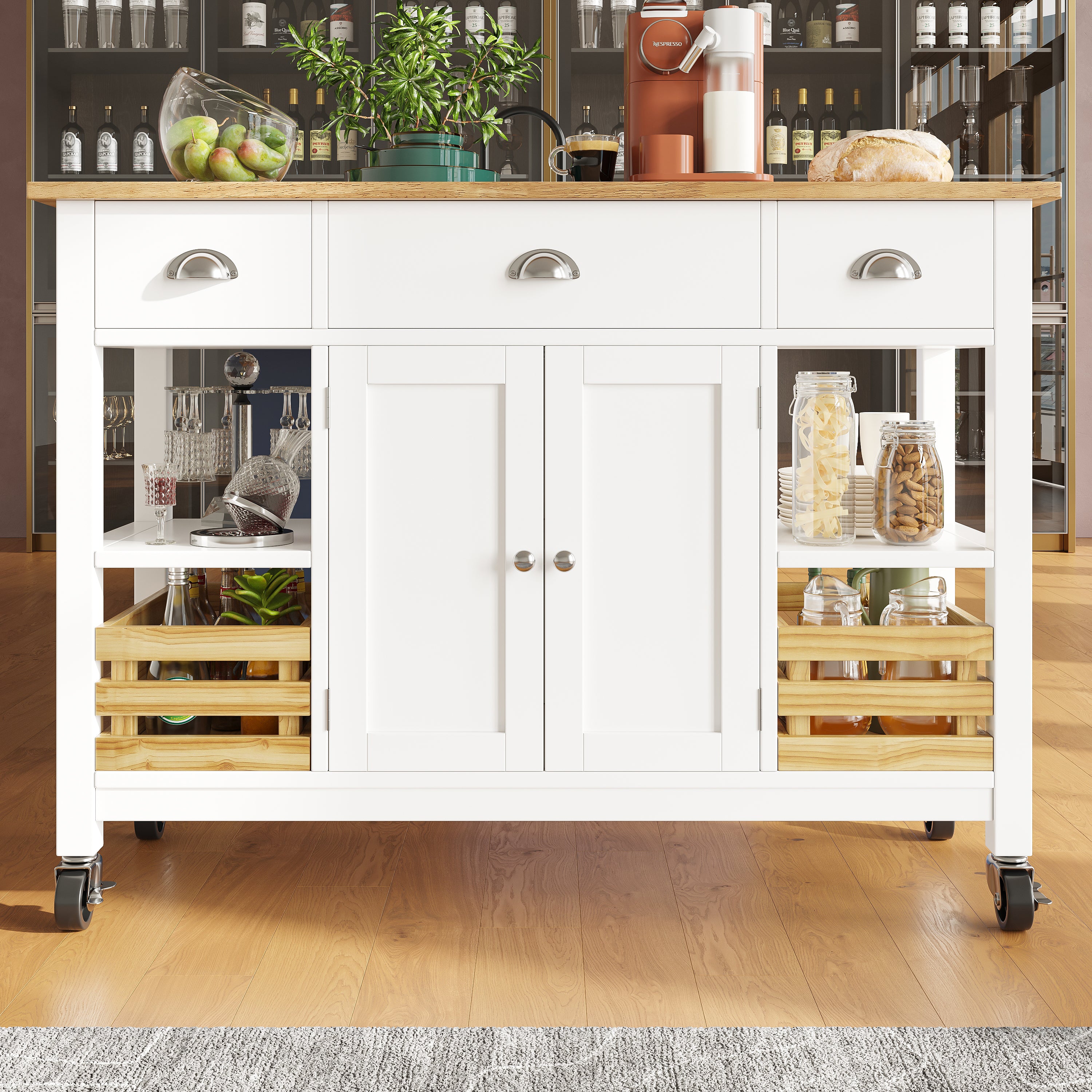 Rolling Kitchen Island Storage Trolley with Large Cabinet, 3 Drawers, Spice Rack, Adjustable Shelf, Dining Room Organiser Sideboard Cupboard Cabinet Cart, White